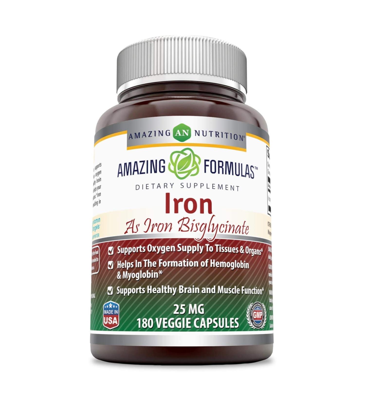 Amazing Formulas Iron Bisglycinate 25mg Veggie Capsules - 180 Count - Non-GMO & Gluten-Free - Supports Oxygen Supply - Promotes Hemoglobin Formation - Buy Online on GoSupps.com