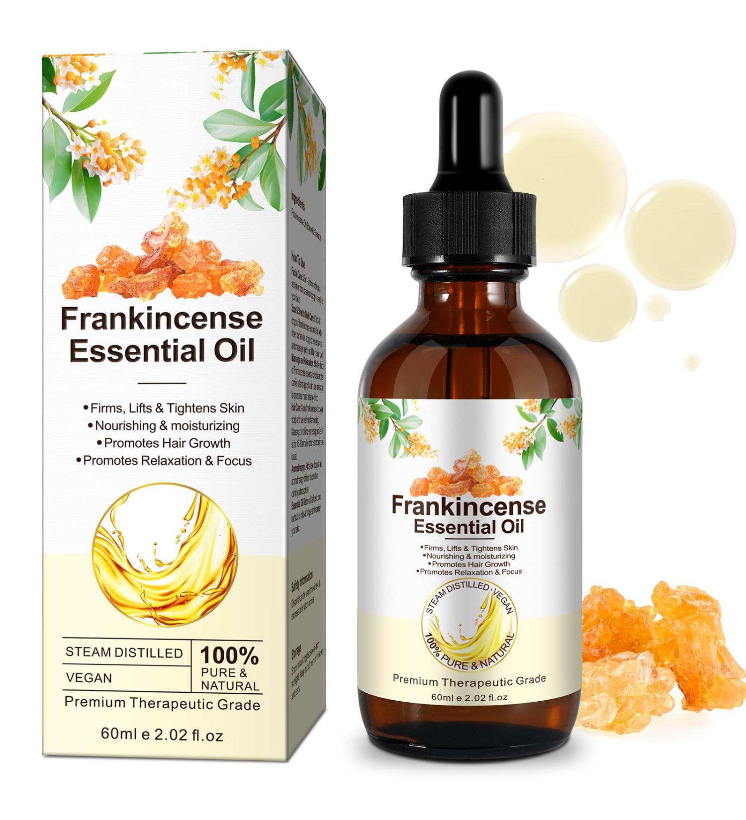 Frankincense Essential Oil 60 ml - 100% Pure and Natural Frankincense Oil for Self Care Skin Face Hair Relieving Discomfort Calming Massage & Relaxation Deeply Nourishing - Buy Online on GoSupps.com