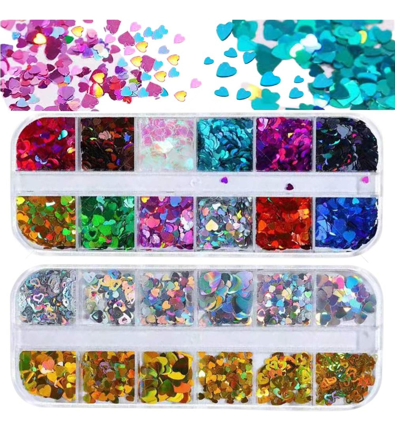 CHANGAR 2 Boxes Nail Art Glitter Sequins 3D Laser Love Heart Nail Art Decals Sticker Holographic Nail Sparkle Glitter for Manicure Make Up DIY Decals Decoration - Buy Online on GoSupps.com