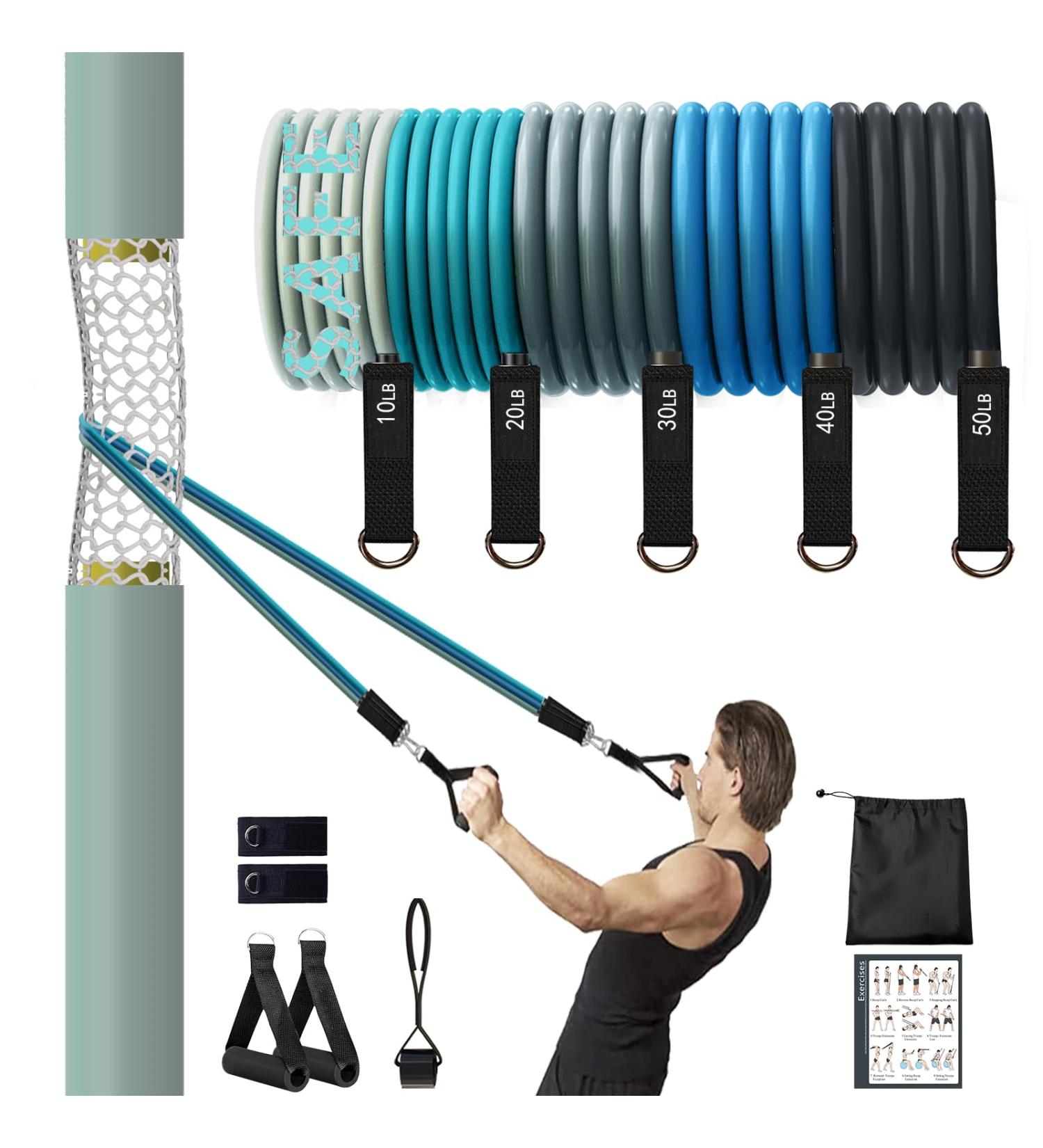 WEUE Resistance Band Safety Tube Set for Fitness Workout - Up to 150lbs, Foam Handles, Ankle Straps, Door Anchor - Ideal for Men and Women - Gym and Home Exercise - Buy Online on GoSupps.com