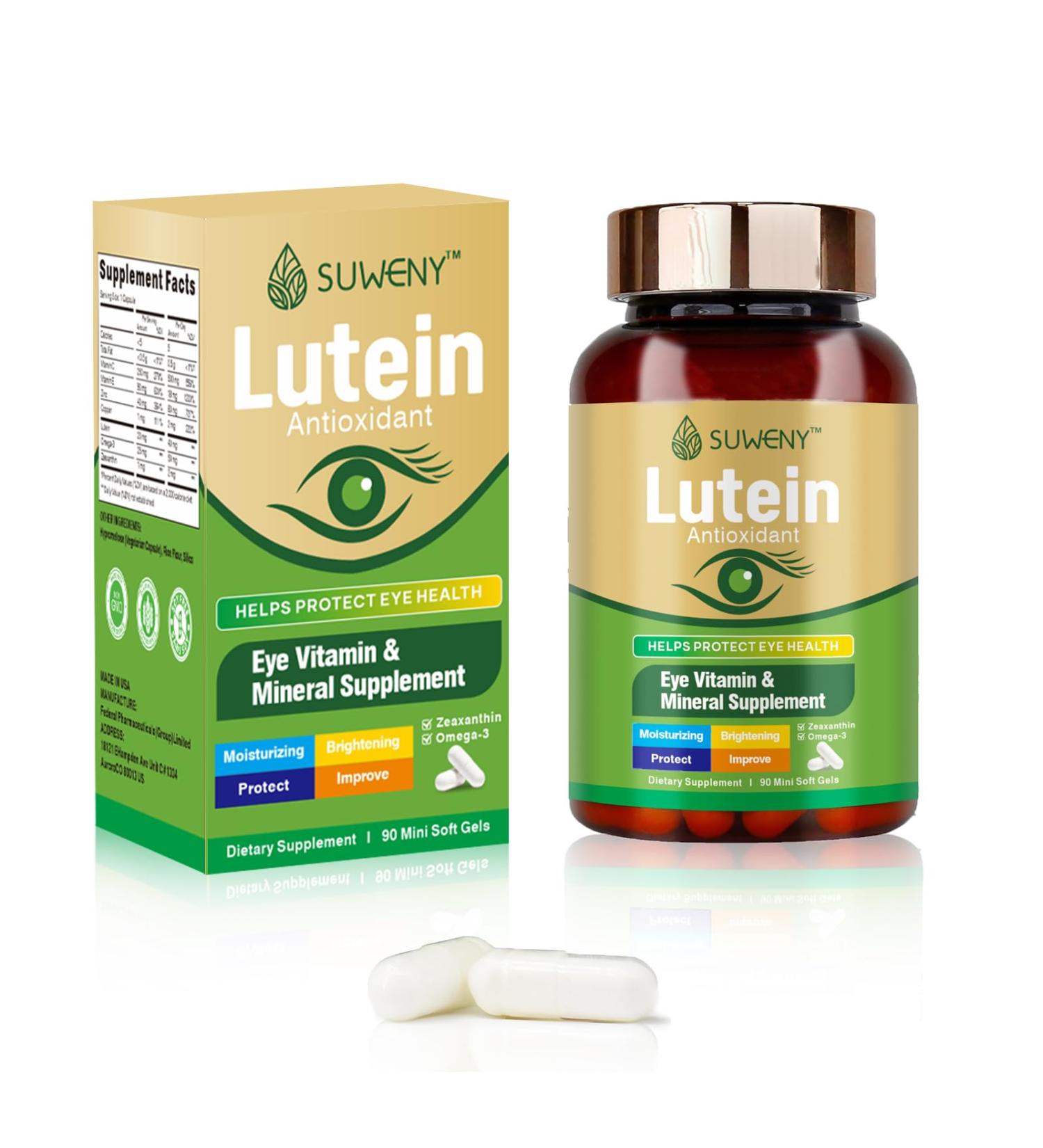 SUWENY Lutein Eye Vitamins Supplement for Adults - 90 Capsules Supports Eye Health with Zeaxanthin Zinc Vitamins C & E Vegan Formula for Blue Light Protection & Macular Support (1) - Buy Online on GoSupps.com