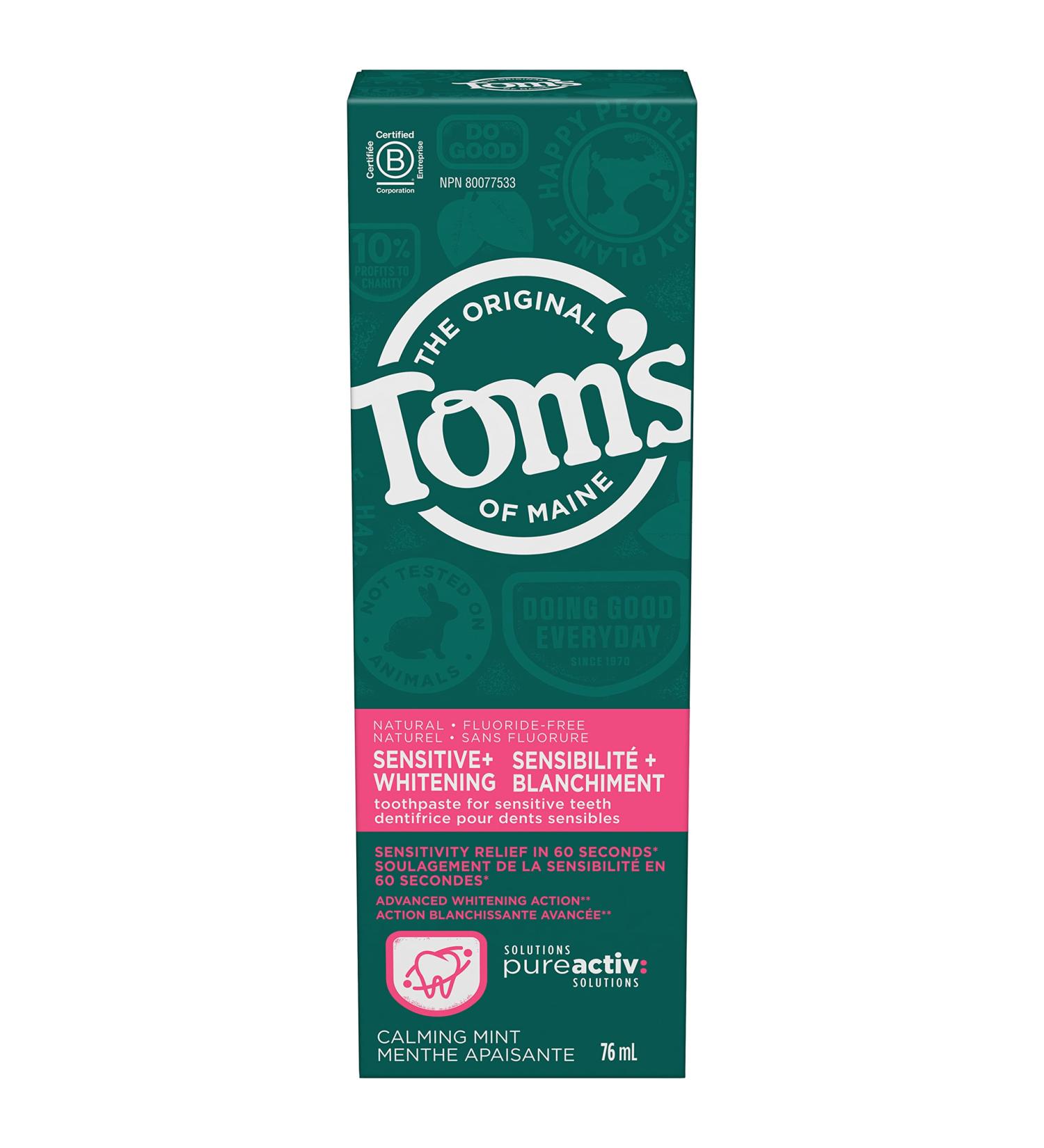 Tom s of Maine PureActiv Sensitive + Whitening Fluoride Free Toothpaste Calming Mint 76 ml - Buy Online on GoSupps.com