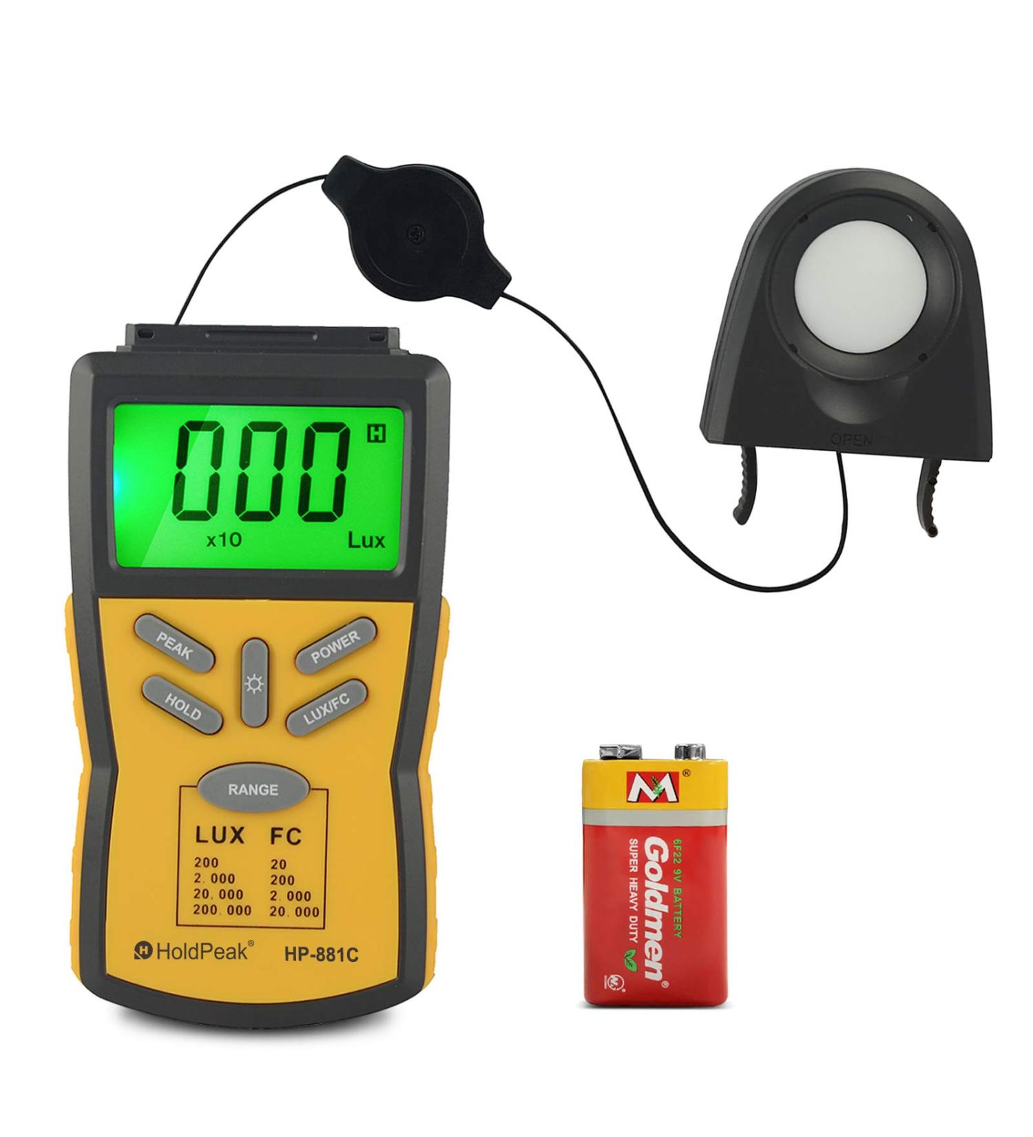 HOLDPEAK 881C Digital LUX Meter | Measure Range 0.1-200,000 Lux | 0.01-20,000 FC Light Meter with Peak Hold | Lux/FC Unit | Data Hold | LCD Display Backlight - Ideal for Plants and LED Lights - Buy Online on GoSupps.com