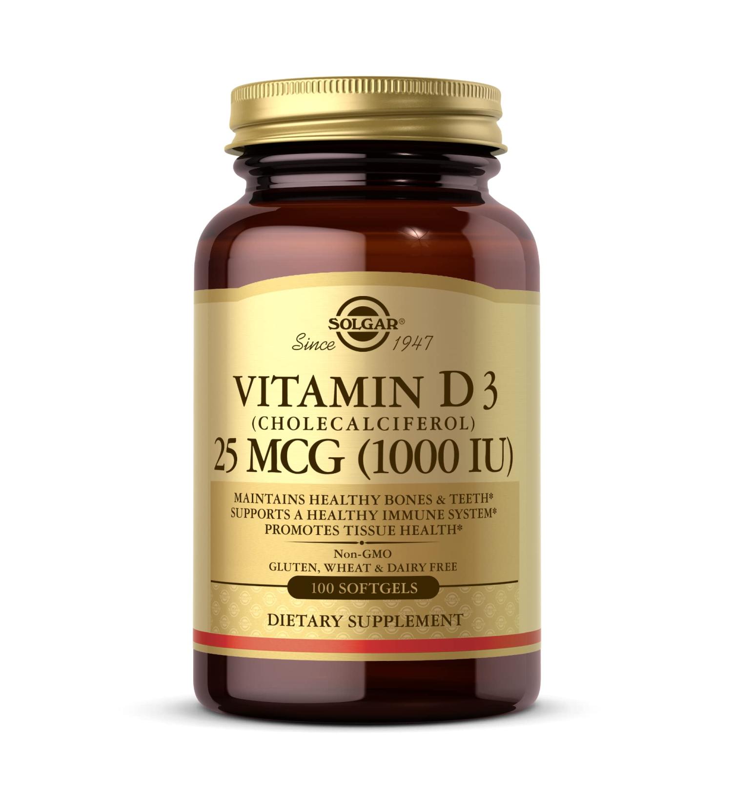 Solgar Vitamin D3 25 mcg (1000 IU) - Bone & Teeth Health Support - Immune System Booster - Non-GMO, Dairy, and Gluten Free - 100 Count - Buy Online on GoSupps.com