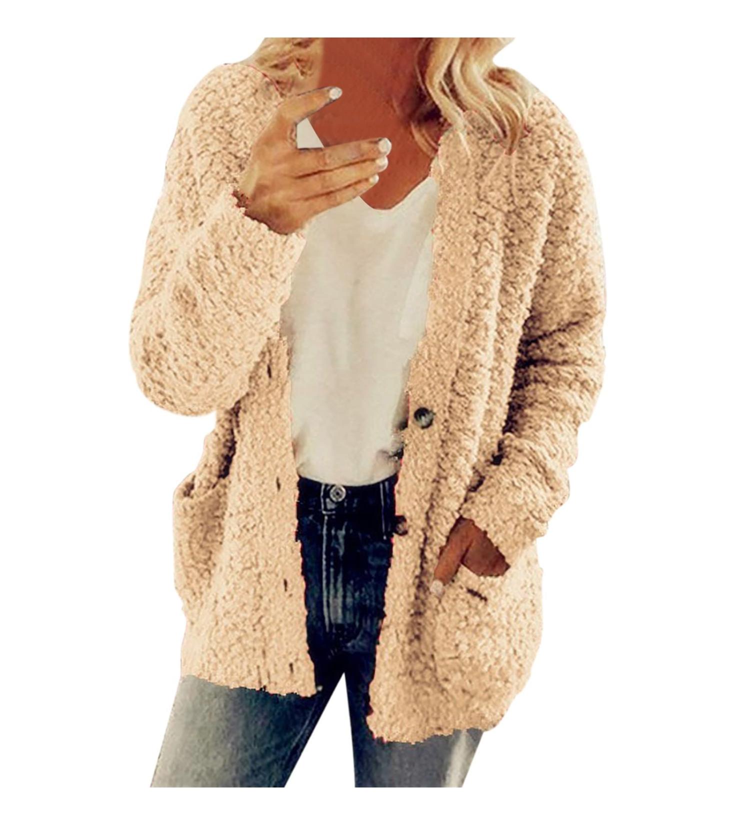 Hanxiulin Fleece Plush Jacket - Women's Warm Zipper Sweater Lightweight Quilted Autumn Winter Coat in Khaki - XXL - Buy Online on GoSupps.com