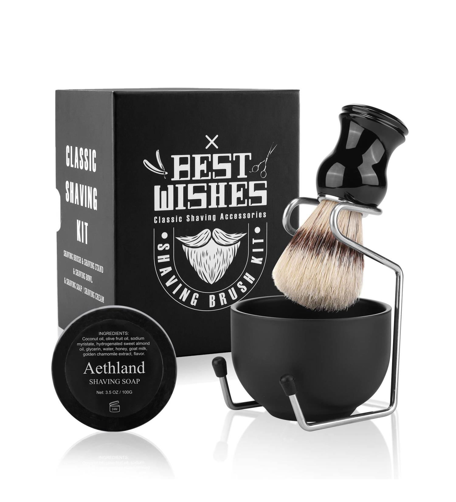 Aethland Shaving Brush Set for Men - 4 in 1 with Shaving Soap, Badger Brush, Stand & Bowl - Ideal Gifts for Husband, Father, Boyfriend - B Black - Buy Online on GoSupps.com