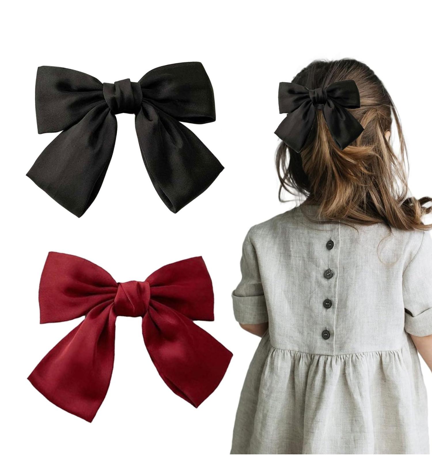 Hair Clip with Bow Bow Hair Women's Hair Bows French Large Bow Hair Clips Hair Clip for Girls Soft Silky Satin Hair Clip for Party Women (Black Red) - Buy Online on GoSupps.com