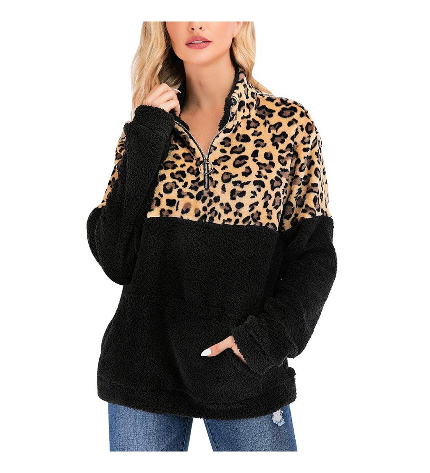 Bigfanshu Womens Sweaters Casual Winter Warm Long Sleeve Stitching Leopard Plush Blouse Top Black - Buy Online on GoSupps.com