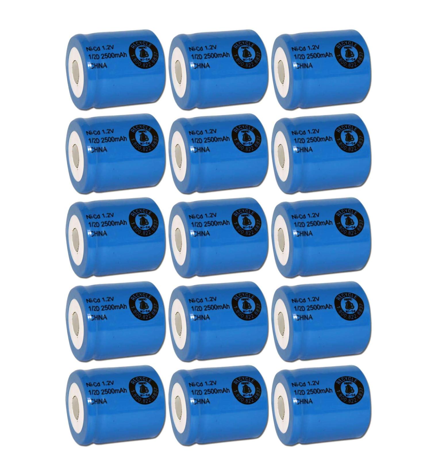 15x Exell 1.2V 2500mAh NiCD 1/2D Rechargeable Battery Flat Top Cell