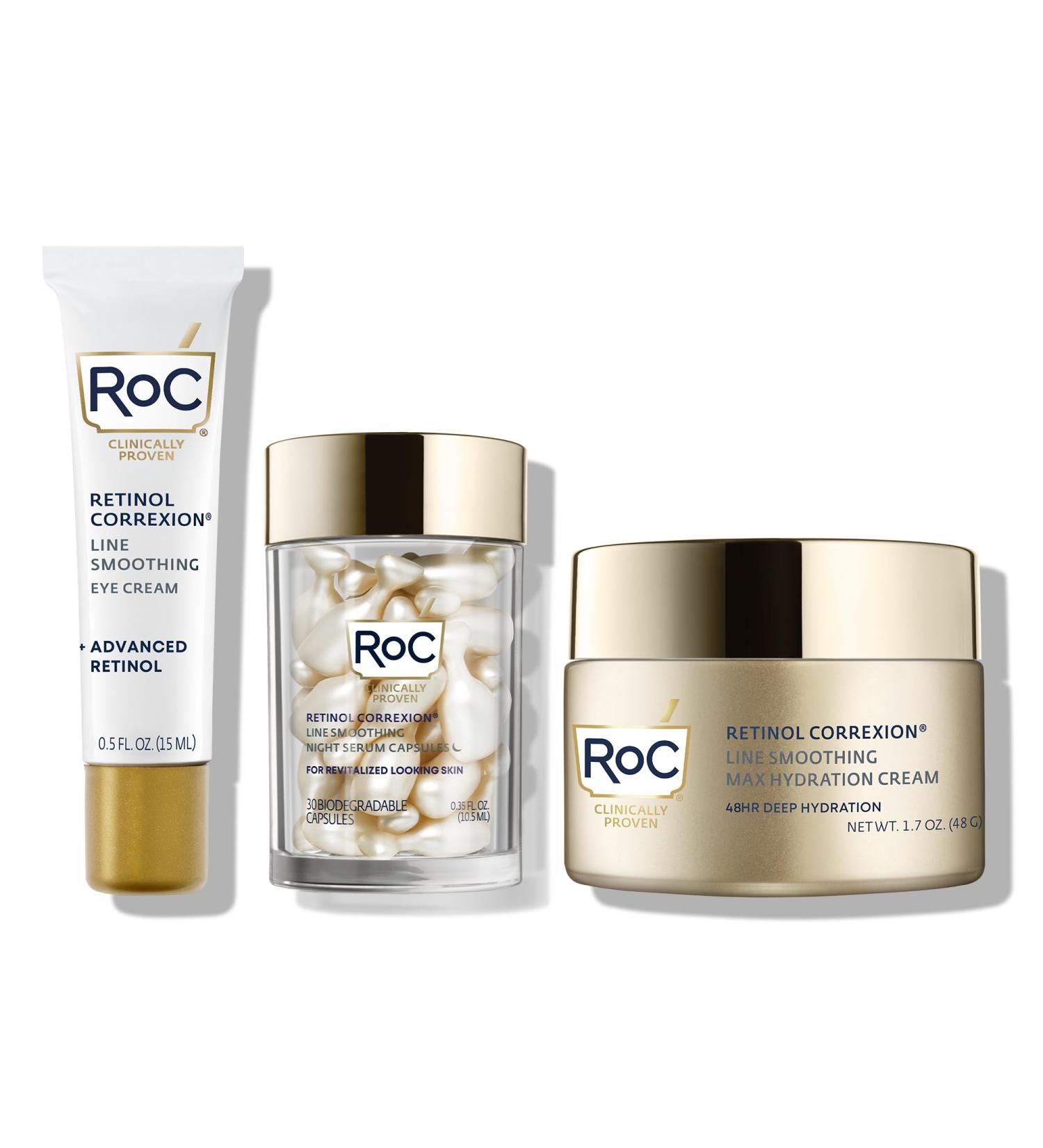 RoC Retinol Correxion Line Smoothing Eye Cream + Retinol Serum Capsules For Night + Max Hydration Cr me With Hyaluronic Acid For Day Skin Care Routine for Women and Men - Buy Online on GoSupps.com