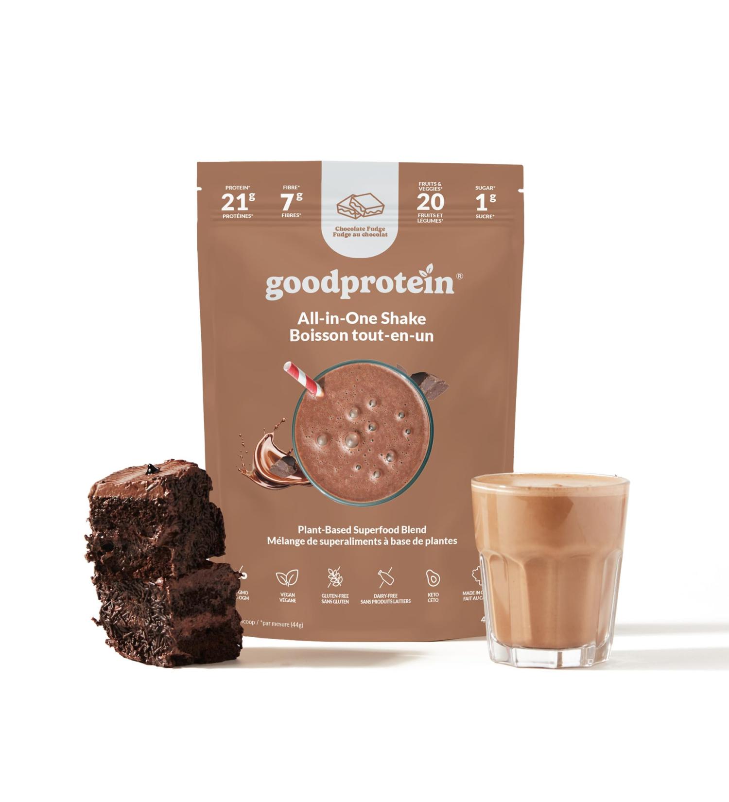 Good Protein Vegan Plant-based Protein Powder 100% Natural Non-GMO Dairy-free Gluten-free Soy-free No Added Sugar and Nothing Artificial. Chocolate Fudge All-in-One Shake 440 grams Chocolate Fudge 440 g - Buy Online on GoSupps.com