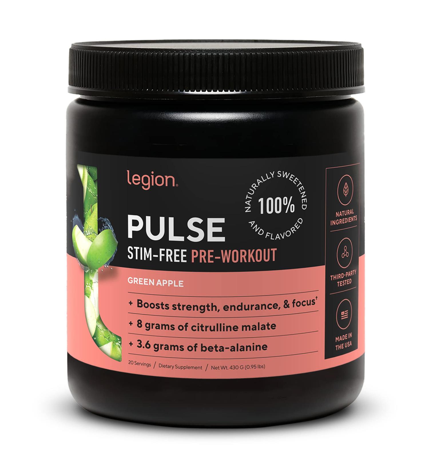Legion Pulse Pre Workout Supplement - Natural Nitric Oxide Energy Boost - Creatine-Free Formula with Beta Alanine, Citrulline & Alpha GPC - Caffeine Free Green Apple Flavor - Buy Online on GoSupps.com