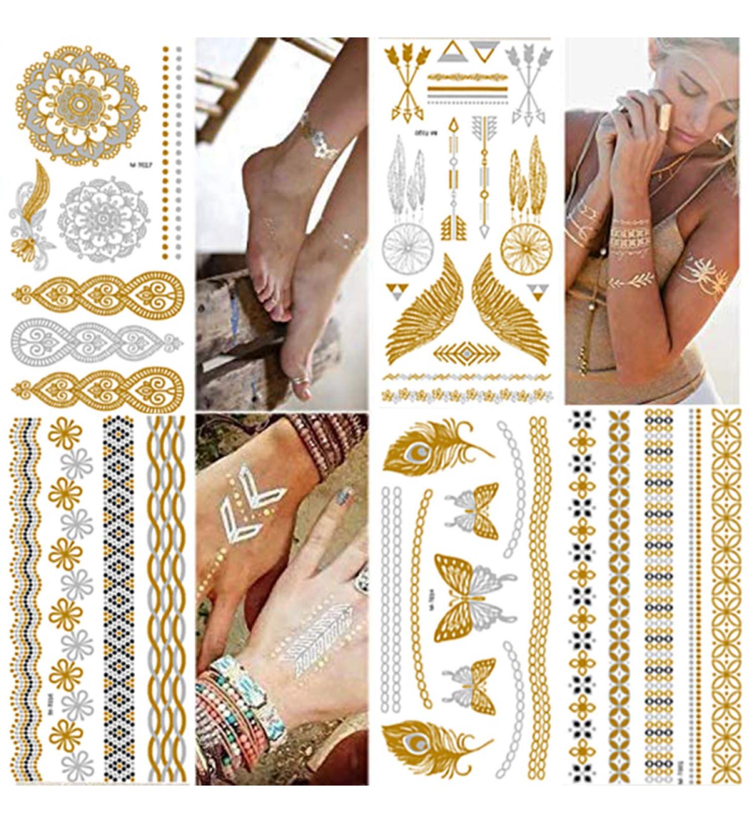 8 Sheets Gold Metallic Temporary Tattoos for Women - Shimmer Designs, Jewelry Fake Tattoo Stickers - Waterproof Body Makeup - Buy Online on GoSupps.com