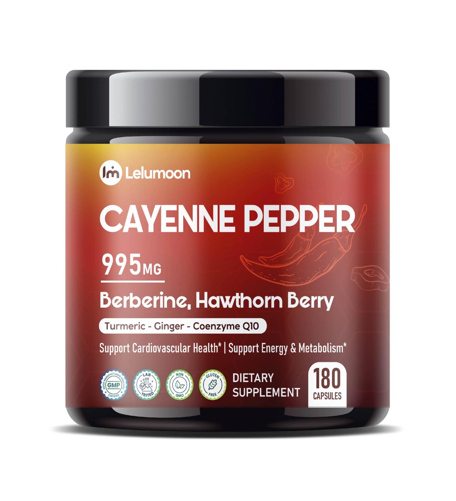 Premium Cayenne Pepper 995 mg with Berberine Hawthorn & CoQ10 Supports Cardiovascular Health Energy & Metabolism 180 Capsules 180 count (pack of 1) - Buy Online on GoSupps.com