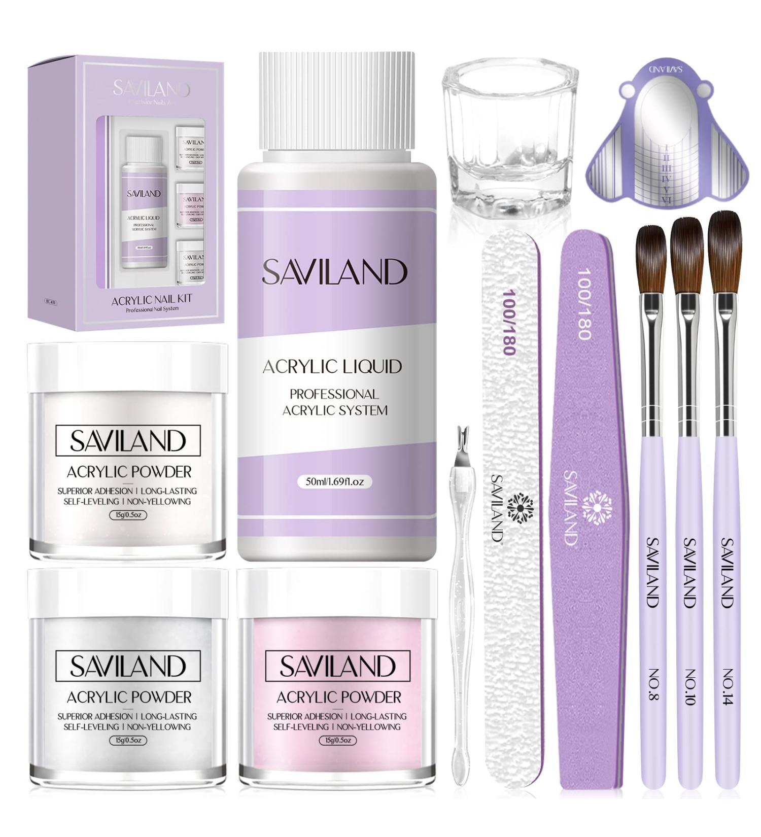 Saviland Acrylic Nail Kit for Beginners - 15g Clear/White/Pink Powder and Liquid Set with Nail Brush, Forms, and Dappen Dish - Easy to Use Starter Kit for Home DIY - Buy Online on GoSupps.com