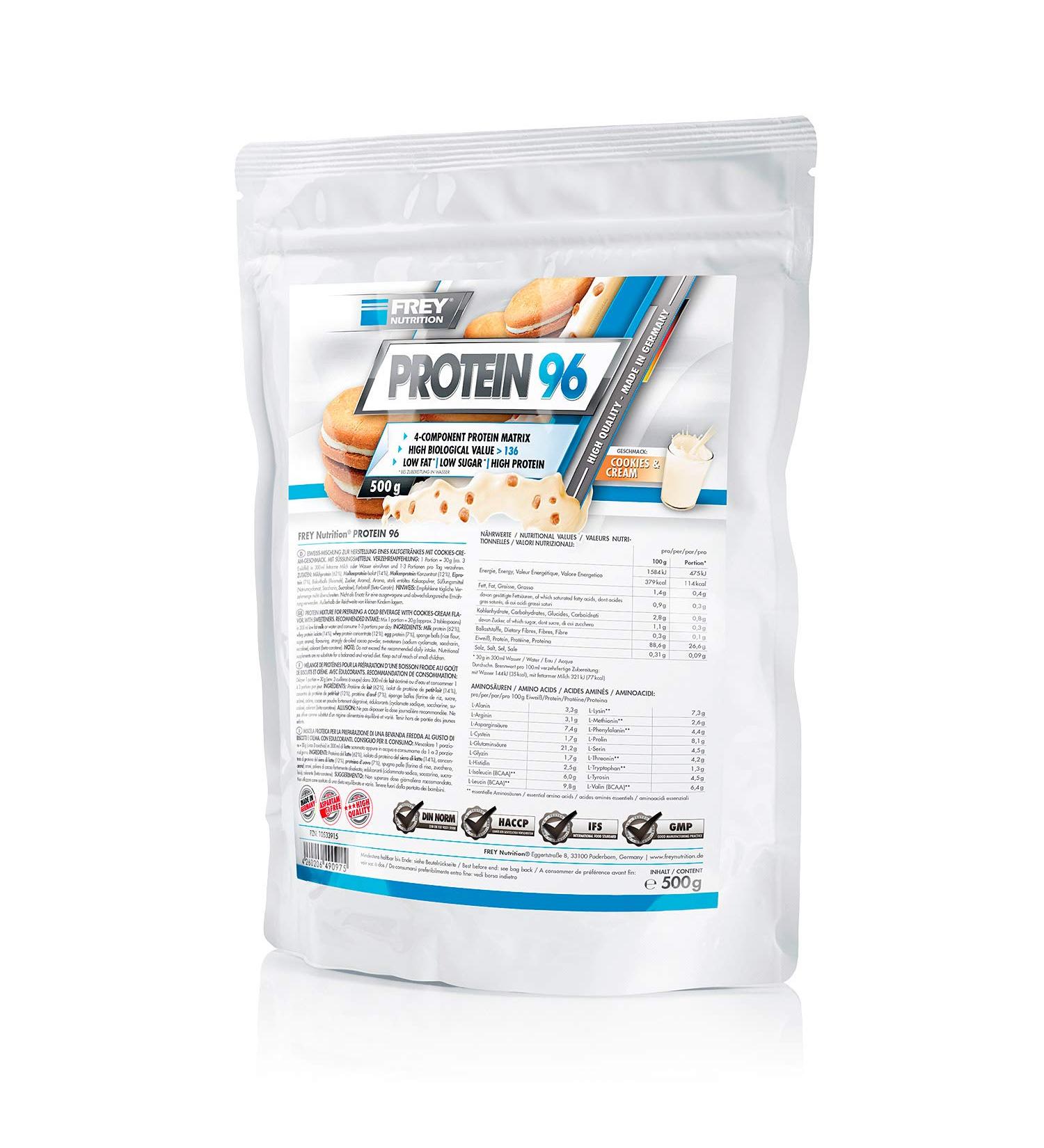 Frey Nutrition Protein 96 Cookies and Cream - 500g Zip Bag | High Protein Snack - International Shipping - Buy Online on GoSupps.com