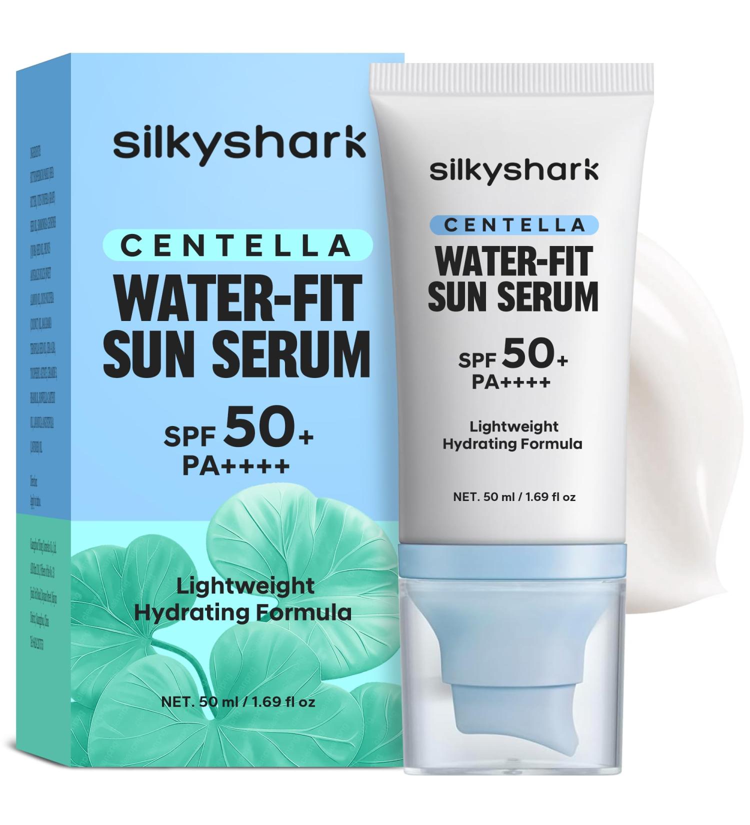 SilkyShark Centella Sunscreen SPF 50+ PA++++ Centella Asiatica Serum Sunscreen Oil-Free Non-Greasy Long-Lasting UVA/UVB Protection for Sensitive & Acne-Prone Skin 1.69 Fl Oz