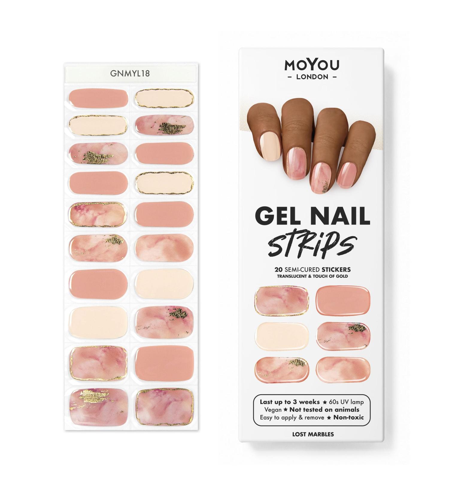 MOYOU LONDON Semi Cured Gel Nail Strips 20 Pc - Get 1 Free UV Lamp | Easy Apply & Remove for Salon-Quality Manicure | Lost Marbles Design - Buy Online on GoSupps.com