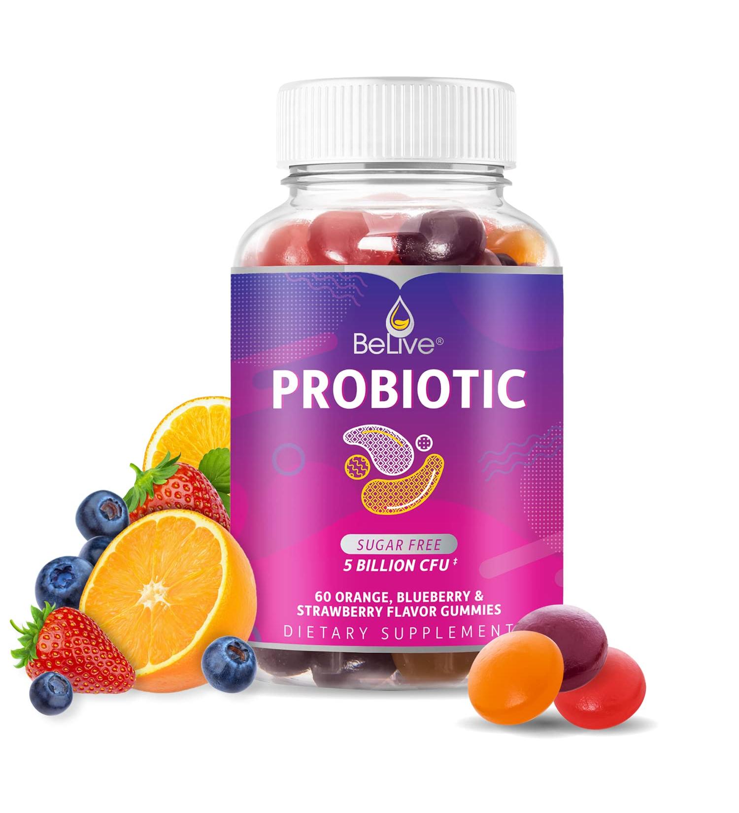 BeLive Probiotic Gummies - Probiotics with 5 Billion CFUs for Digestive Health Men Women & Kids - for Immune Support Sugar Free & Vegan | 60 Ct Blueberry Strawberry & Orange 1 - Buy Online on GoSupps.com