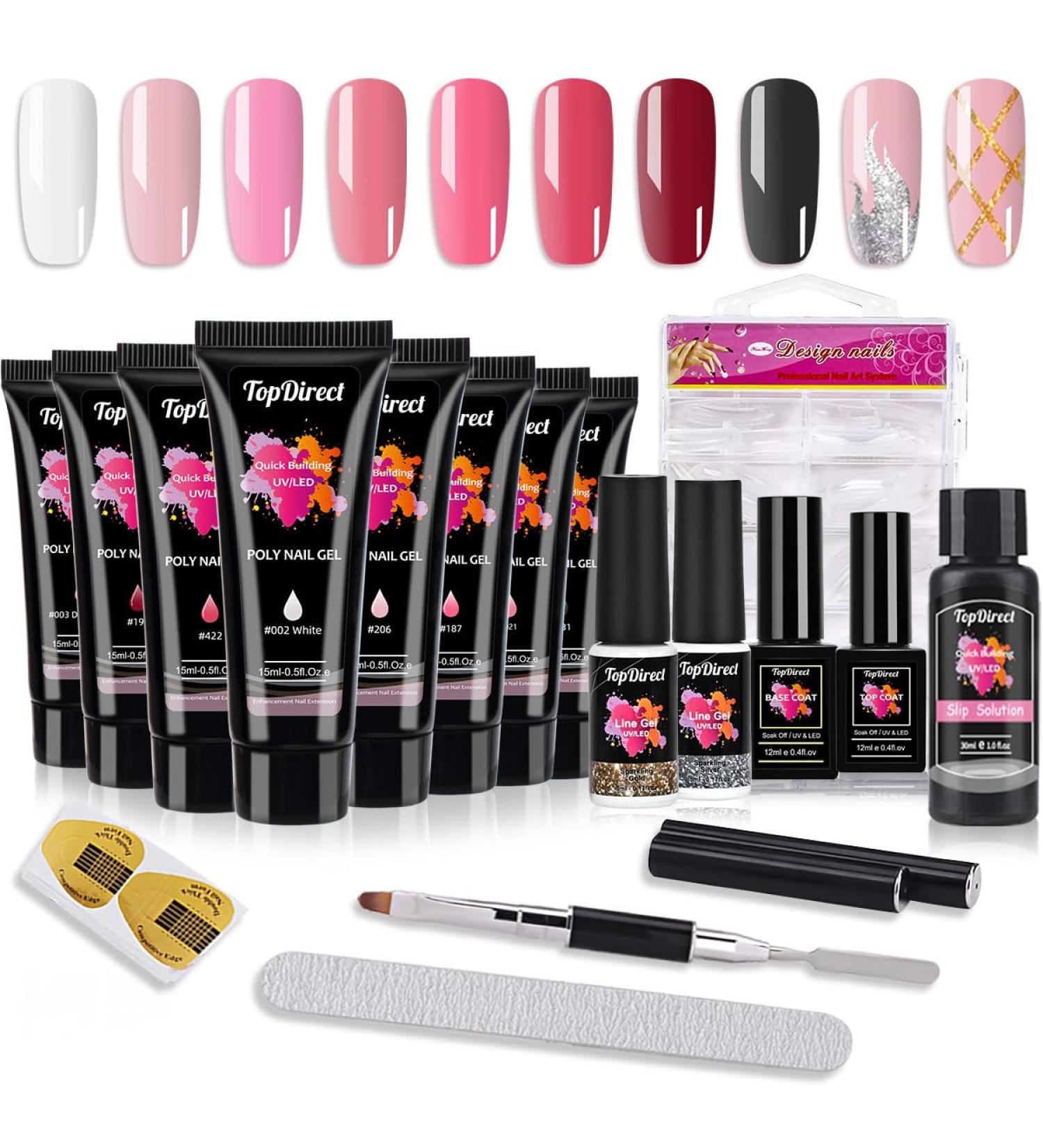 TopDirect Poly Gel Nail Kit - 8 Colors 15ml Poly Gel with Gold & Silver Liner Gel Polish | Builder Gel Nail Kit for Beginners - Includes 100 False Nail Tips and Base Top Coat - Perfect Gift for Women - Buy Online on GoSupps.com