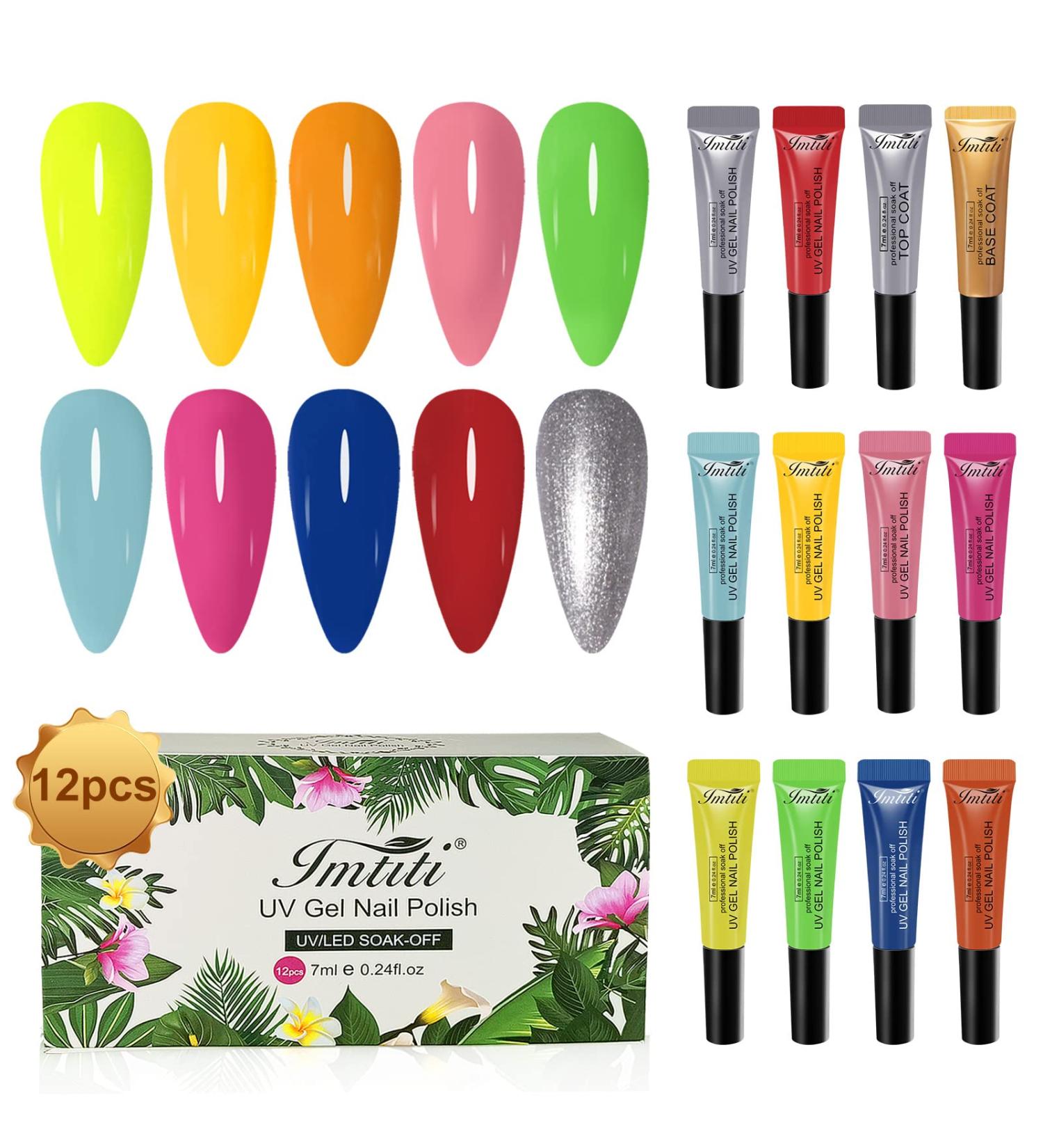 Imtiti Neon Gel Nail Polish Kit - 12 Pcs Set with Base & Top Coat - Green Pink Blue Red Glitter Colors - Long Lasting Soak Off UV Gel Polish - DIY Nail Art Starter Kit for Women & Girls - Buy Online on GoSupps.com