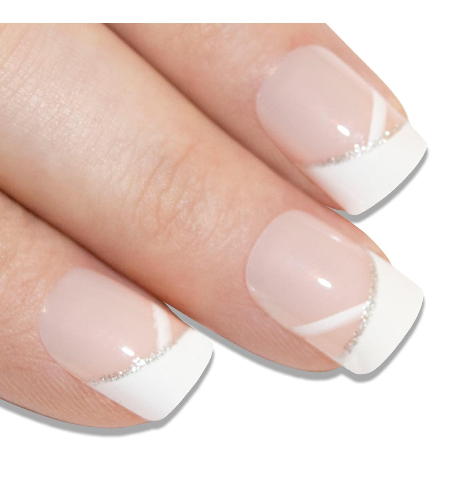 Bling Art False Nails - French Manicure White Glitter | 24 Medium Tips with Glitter Stars | International Shipping - Buy Online on GoSupps.com