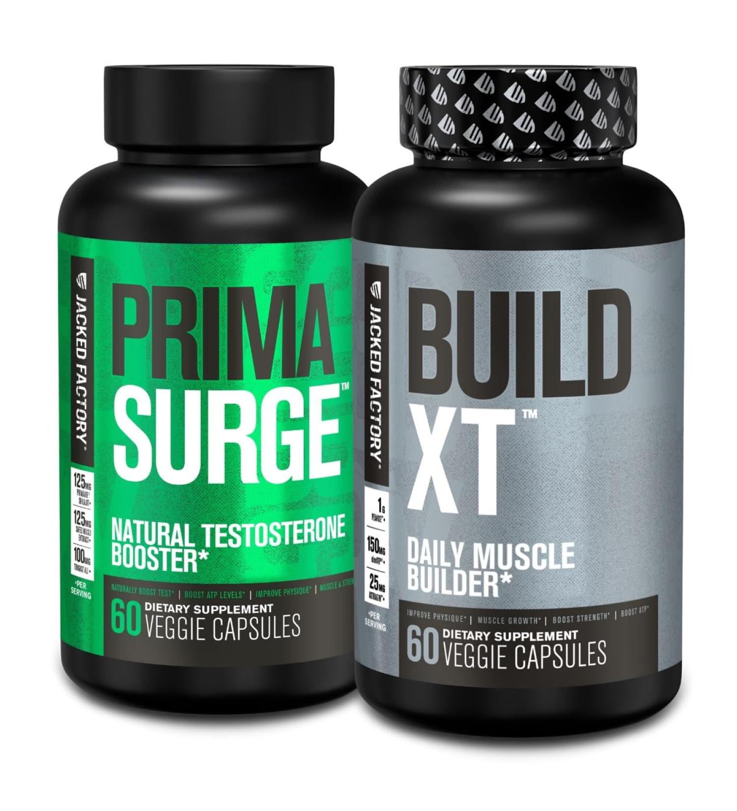 Jacked Factory PRIMASURGE Testosterone Booster for Men (60 Capsules) & Build-XT Daily Muscle Builder & Performance Enhancer | Muscle Building Supplements for Muscular Strength & Growth - Buy Online on GoSupps.com