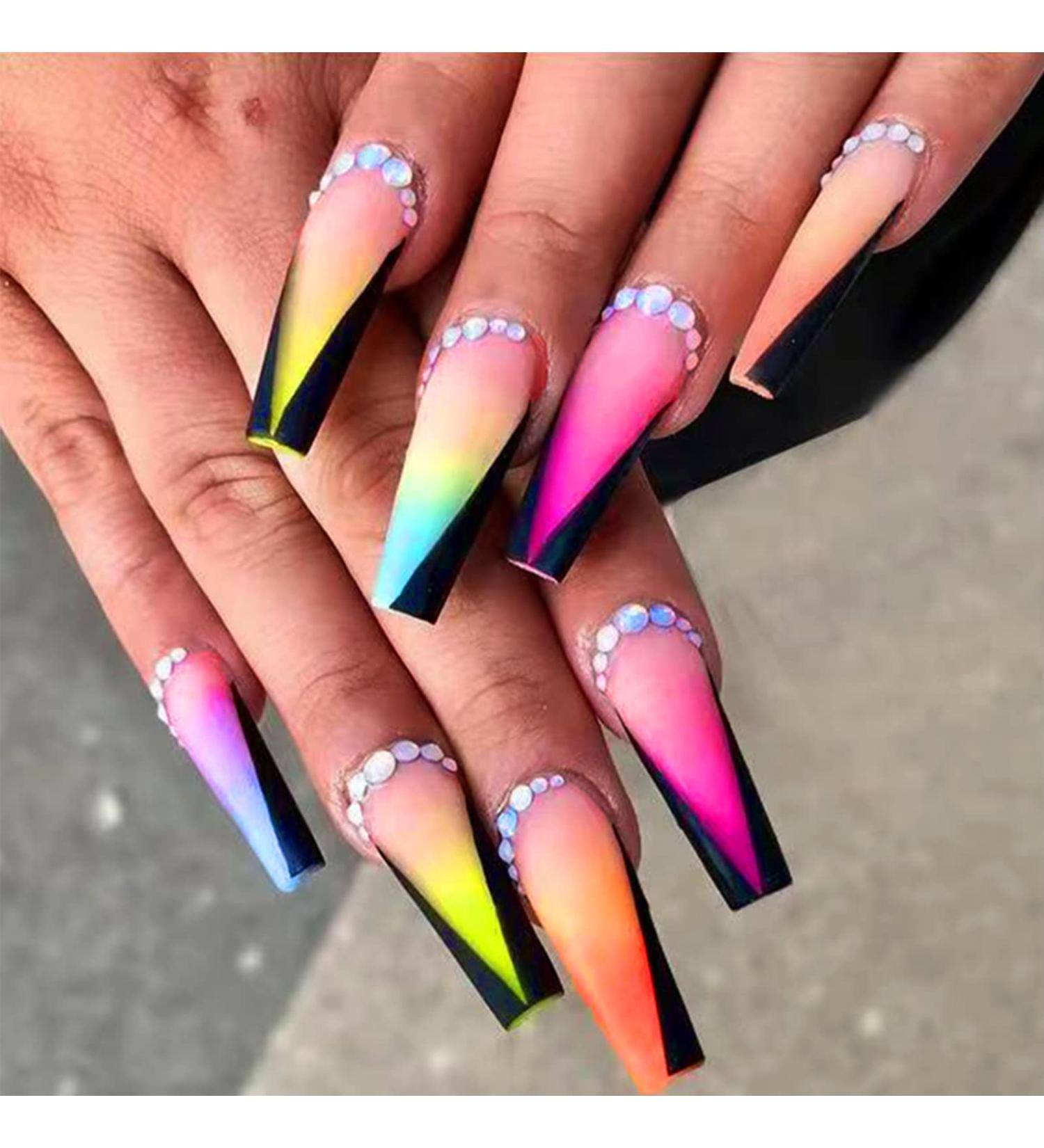 QINGGE Colorful Gradient Rhinestone Press On Nails - 24Pcs Long Coffin Fake Nails for Women - Buy Online on GoSupps.com