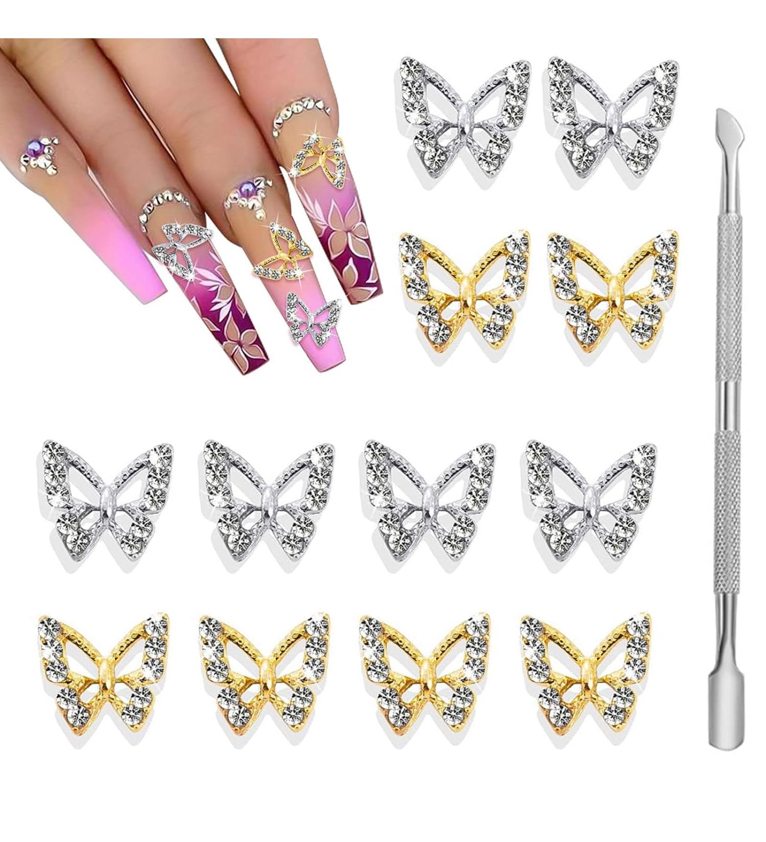 Silver Butterfly Nail Charms+Dual Head Nail Cuticle Pusher 3D Nail Charms Butterflies Shape Nail Gems Butterfly Decorations Alloy Butterfly Nail Art Charms Supplies DIY Manicure Design - Buy Online on GoSupps.com