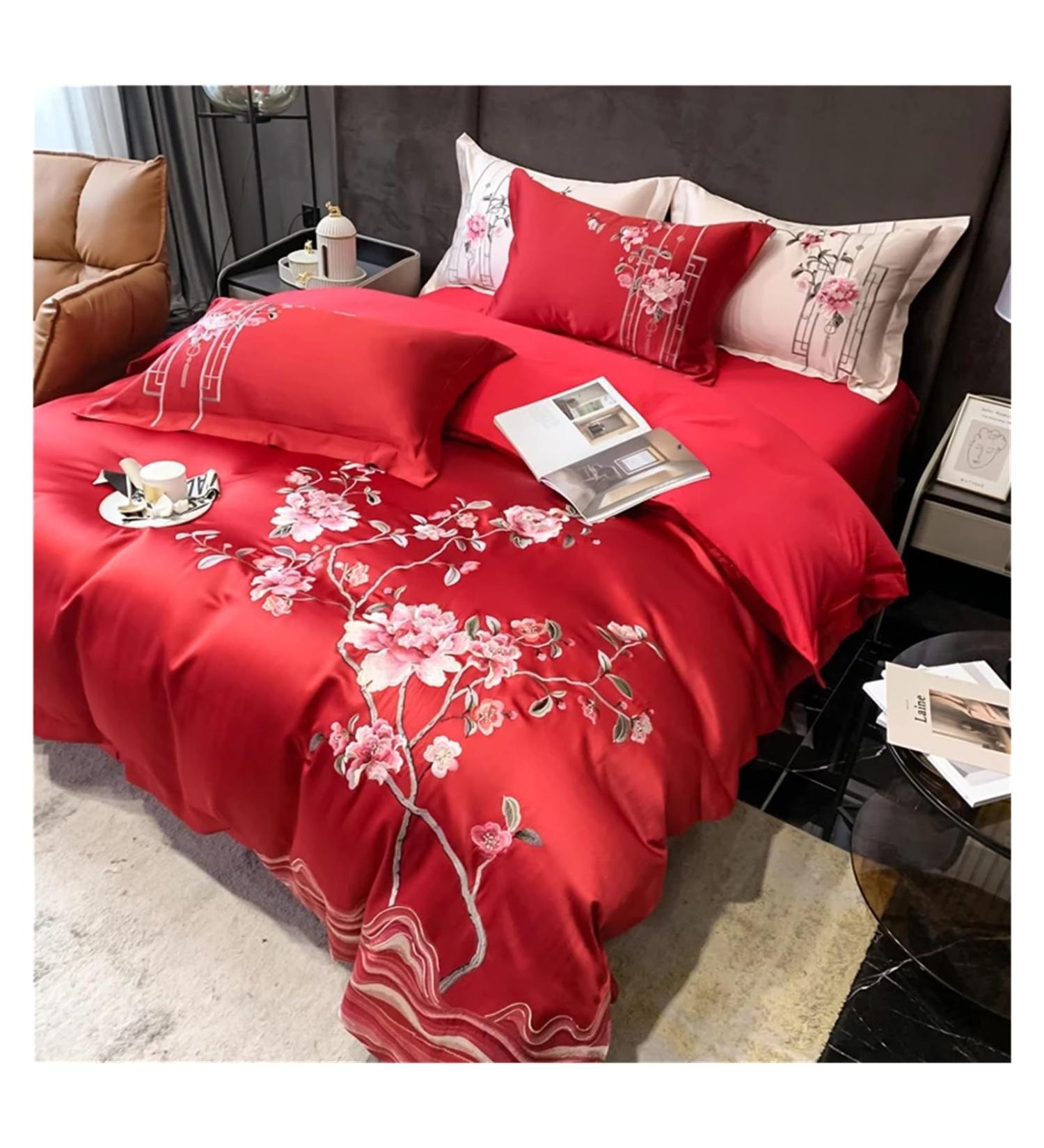 Precision Brocade Egyptian Cotton Luxury Chinese Style Flower Embroidery Bedding Set Silky Duvet Cover Bed Sheet Pillowcase Soft (B 4Pcs) - Buy Online on GoSupps.com