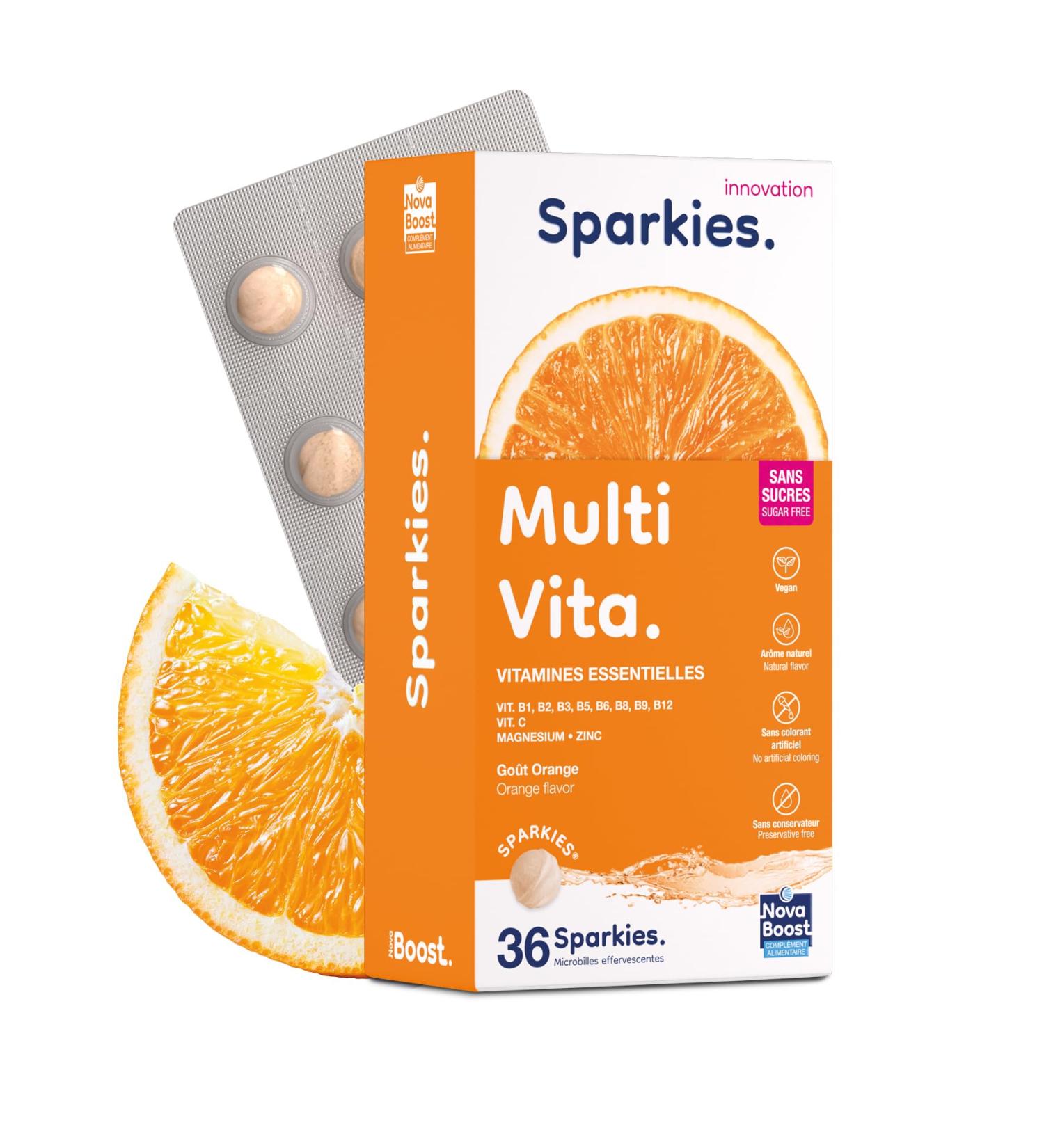 NovaBoost - Sparkies Multi Vita - Drinking Food Supplement - Multivitamins Vitamin C Zinc Magnesium - Effervescent Microbeads - Orange Flavor - Sugar Free - x36 - Buy Online on GoSupps.com