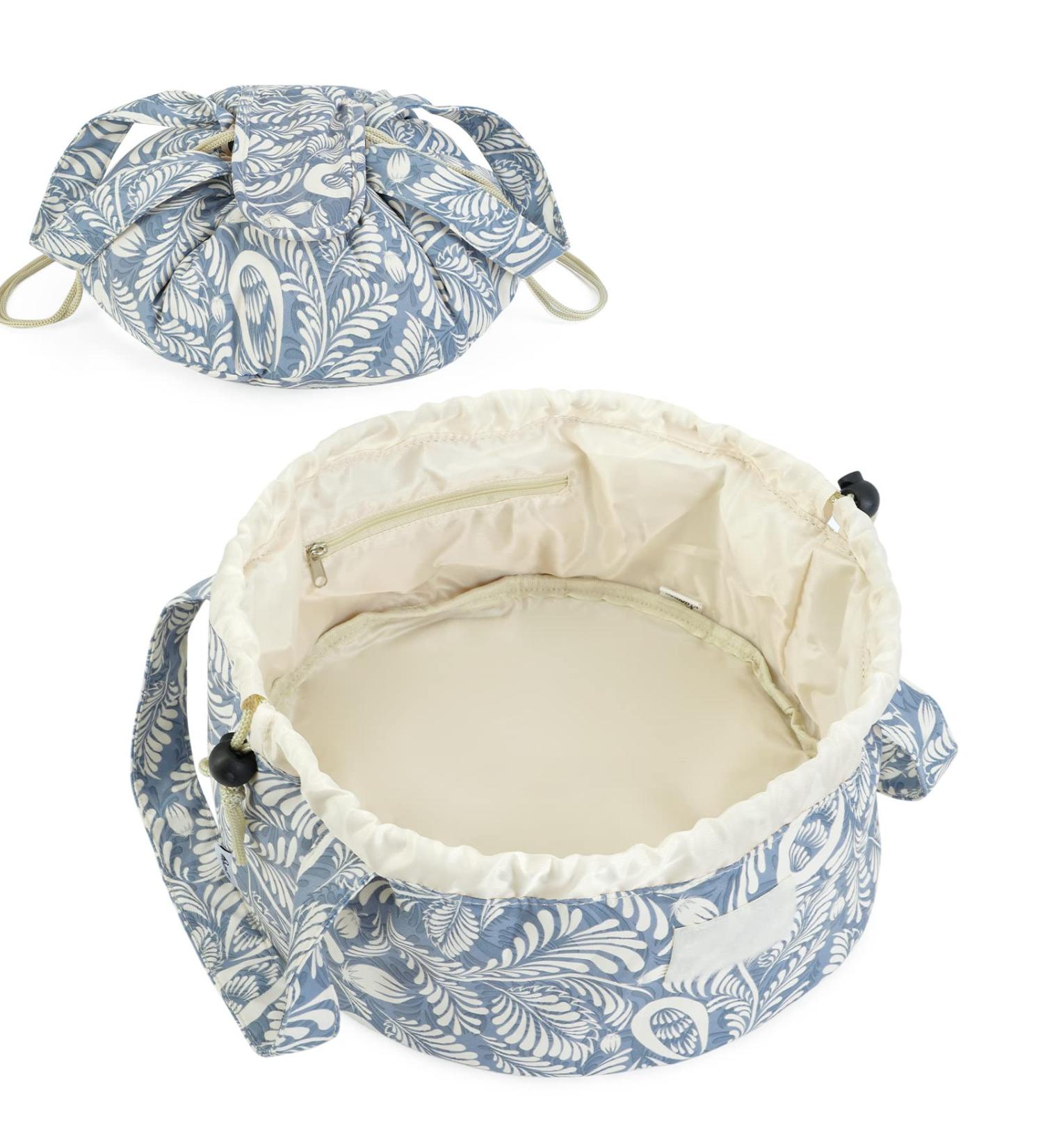 Barrel Drawstring Makeup Bag for Women - Large Cosmetic Toiletry Organizer (Blue Leaf) - Buy Online on GoSupps.com