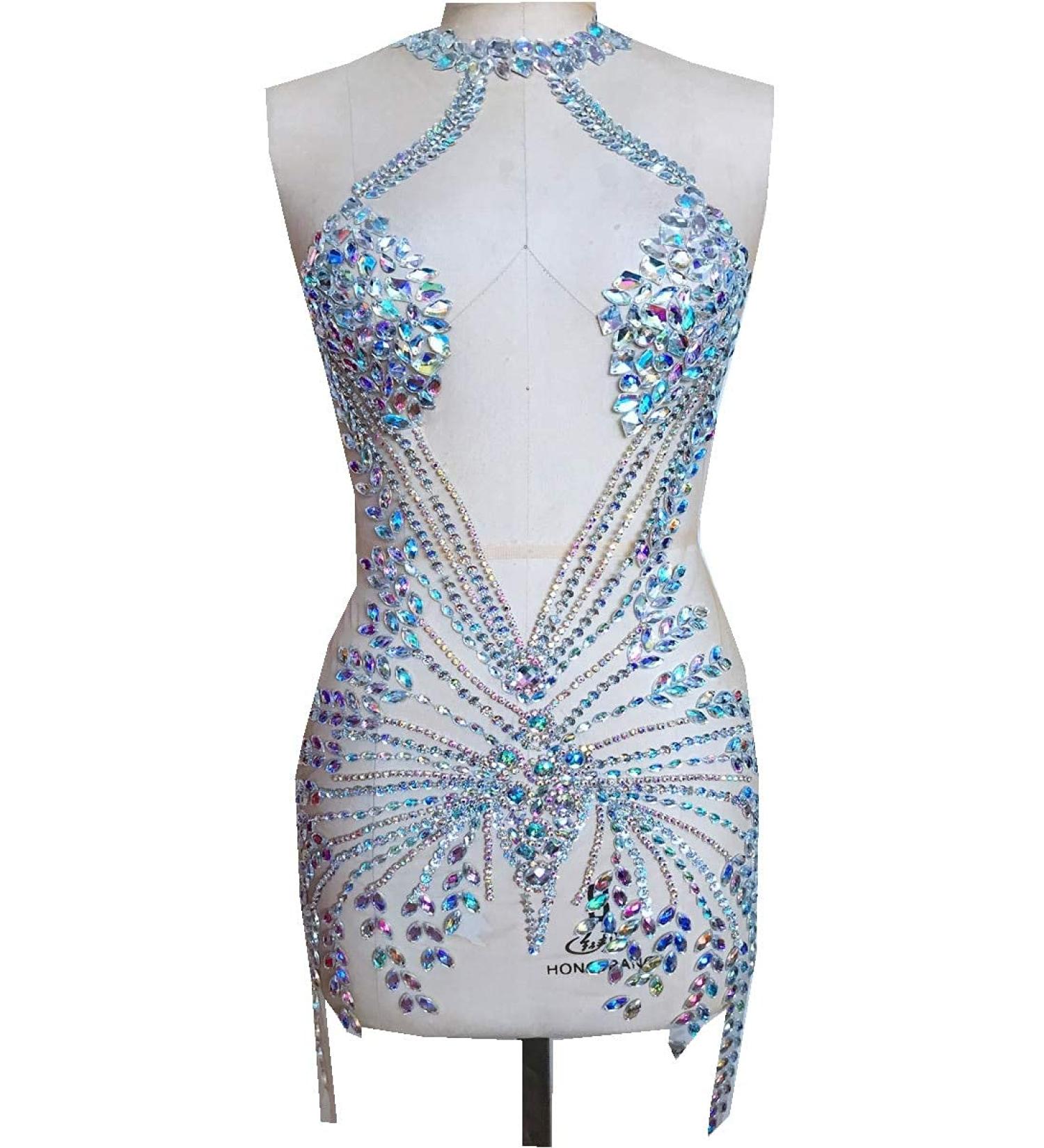 Handmade Full Body Rhinestone Applique on Nude Net - Clear AB Crystal Stones - Dress Patch - Buy Online on GoSupps.com