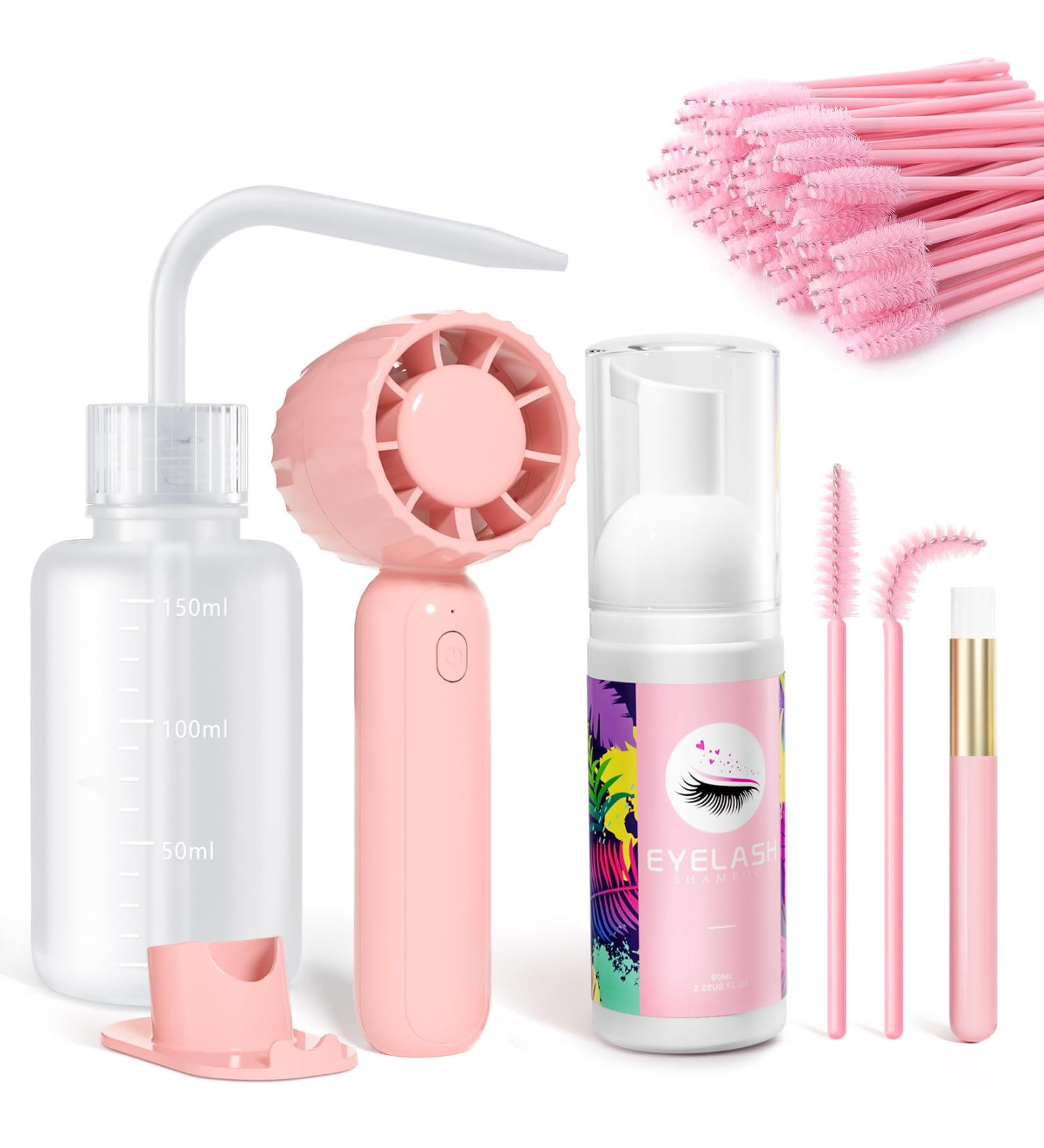 Buqikma Lash Cleaning Kit - Eyelash Extension Cleanser 60ML Lash Shampoo & Rechargeable Fan Dryer | Ultimate Lash Care & Makeup Cleansing in Pink - Buy Online on GoSupps.com
