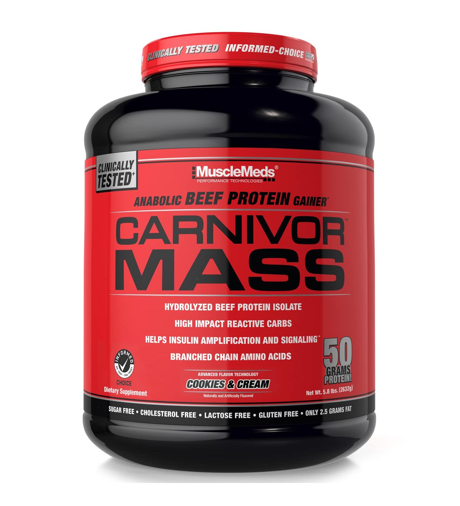 MuscleMeds Carnivor Mass Gainer Beef Protein Isolate Shake - Cookies & Cream 6 lb | 50g Protein, 125g Carbs, 0 Fat, 0 Sugar | Lactose Free - Buy Online on GoSupps.com