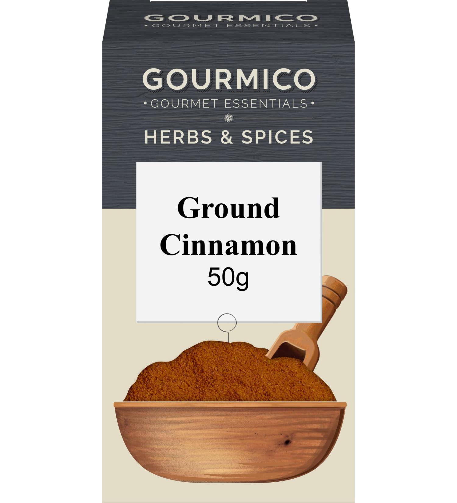 GOURMICO Ground Cinnamon Ideal to Spice Up Cakes Breads & Hot Drinks or Paired with Savoury Chicken and Lamb Curries. Suitable for Vegetarians and Vegans 50g Pack Dark Grey/White
