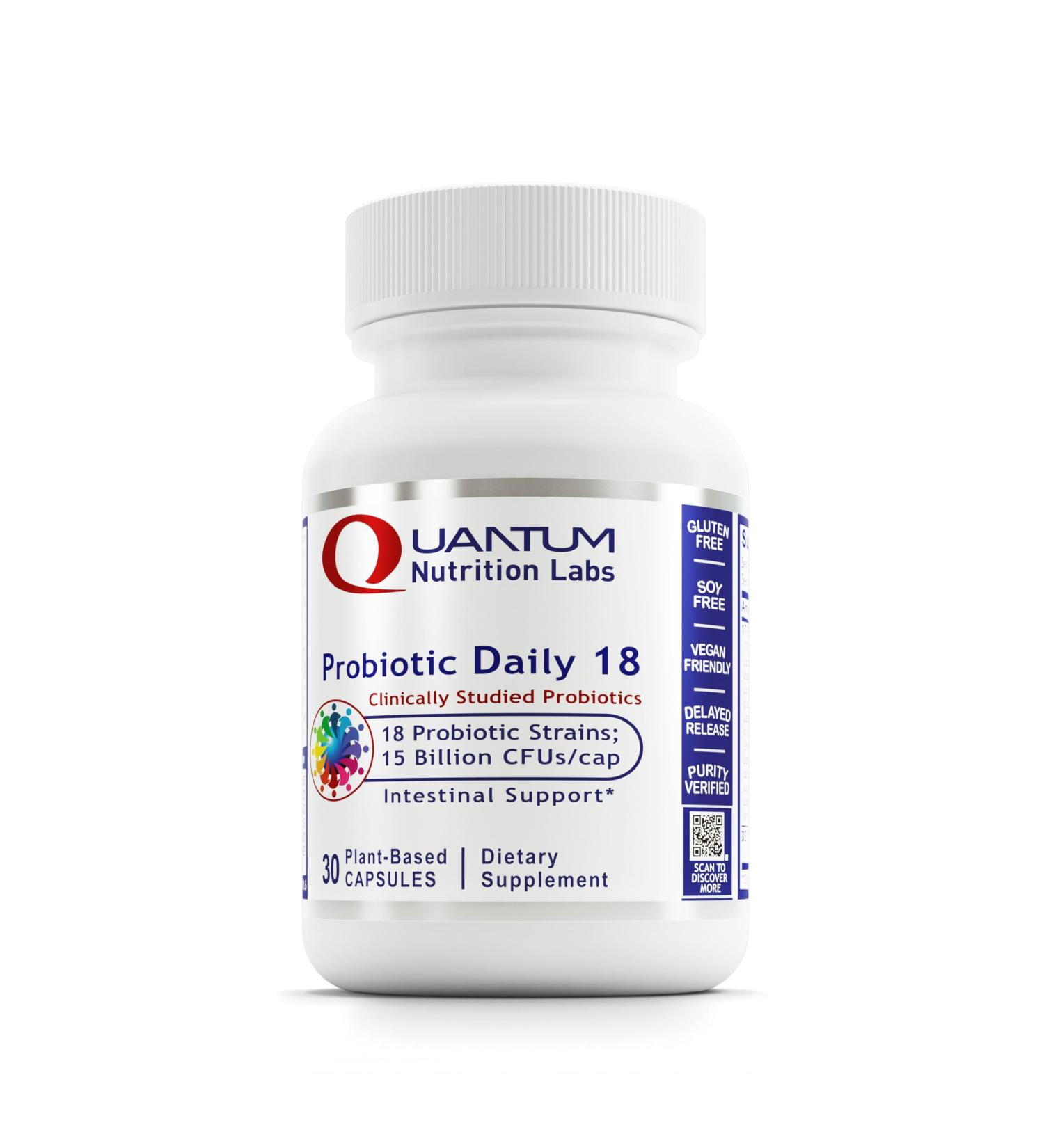 Quantum Nutrition Labs Probiotic Daily 18 - Probiotics for Digestive Health Probiotics for Women and Men with Lactobacillus Acidophilus Reuteri for Healthy Gut Microbiome - 30 Vegetarian Capsules - Buy Online on GoSupps.com