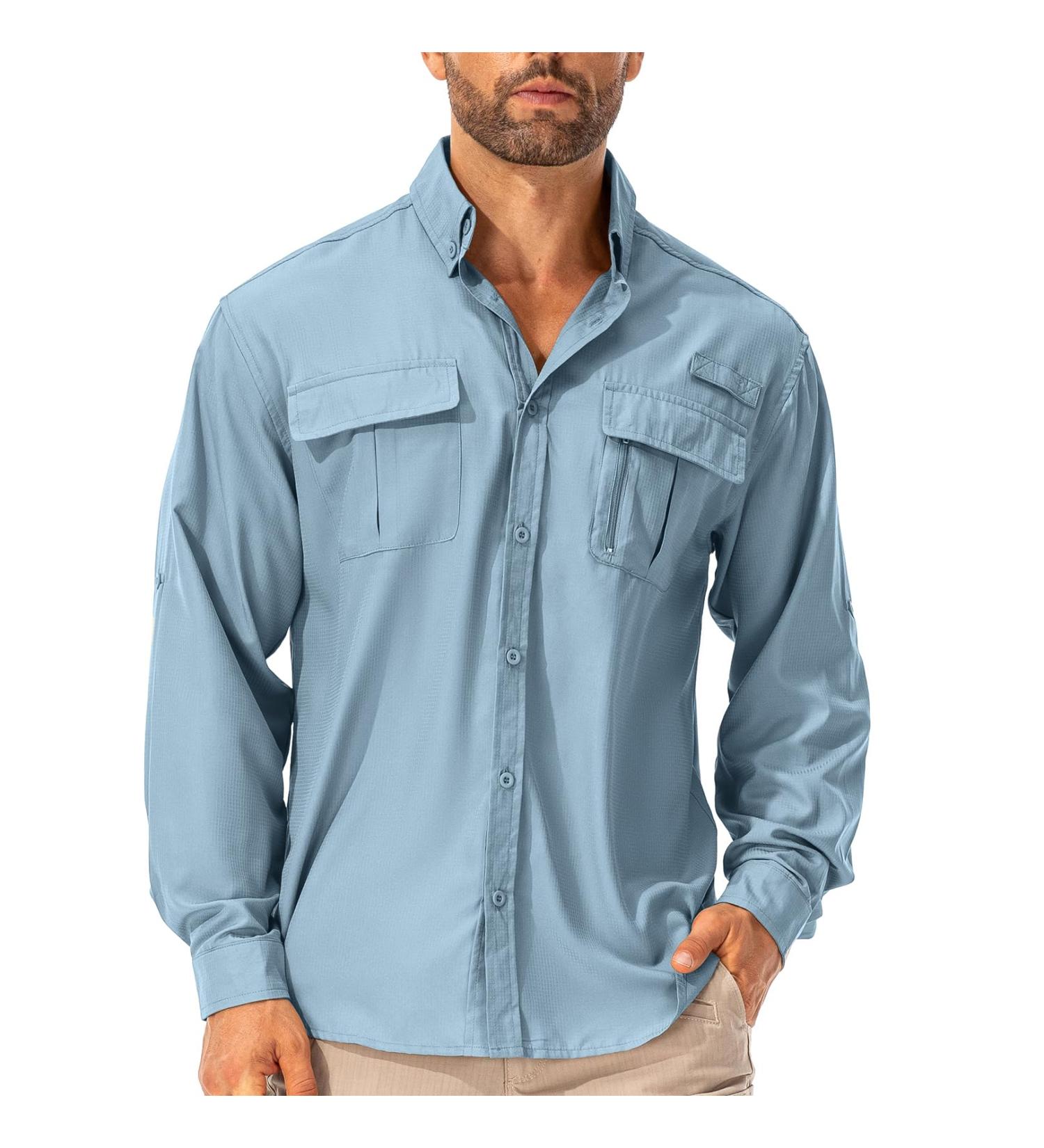 Men's Safari Shirt - UPF 50+ UV Protection Long-Sleeved Hiking & Outdoor Button-Down | Breathable Fast Drying Casual Shirt in Blue - Buy Online on GoSupps.com