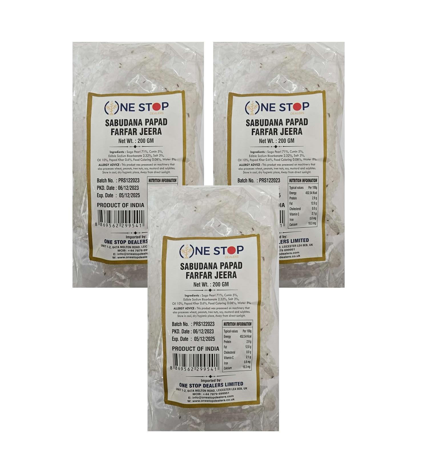 One Stop Dealer Sabudana Papad (200 Gram) - Crispy and Delicious Accompaniment to Any Meal Good for Fasting Or Upwaas (Pack of 3 Sabudana Papad Farfar Jeera)
