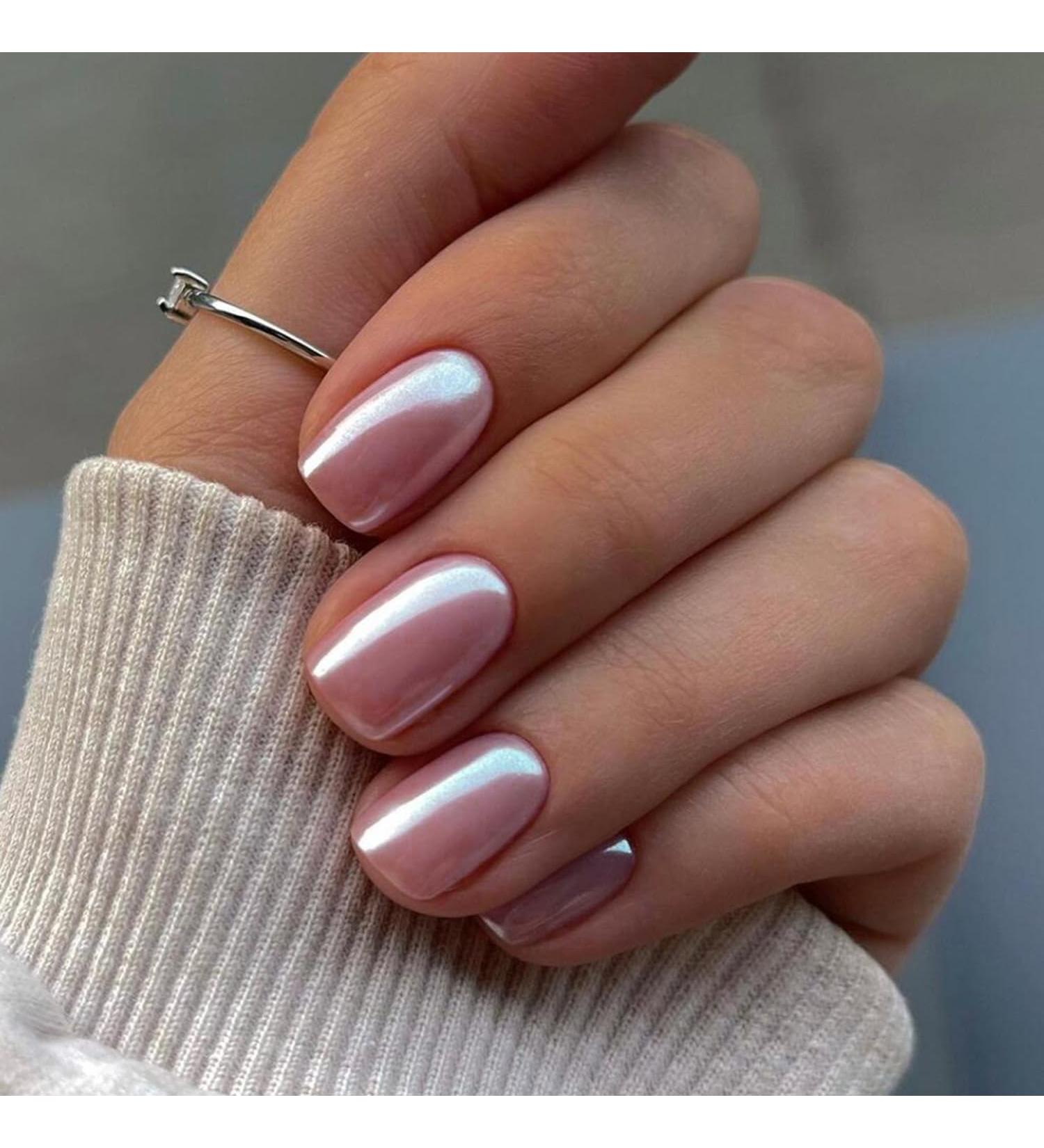 KQueenest Chrome Light Pink Short Square Press on Nails | Acrylic Soft Gel with Pearlescent Effect Perfect Petite False Nail Set for Women & Girls - Buy Online on GoSupps.com