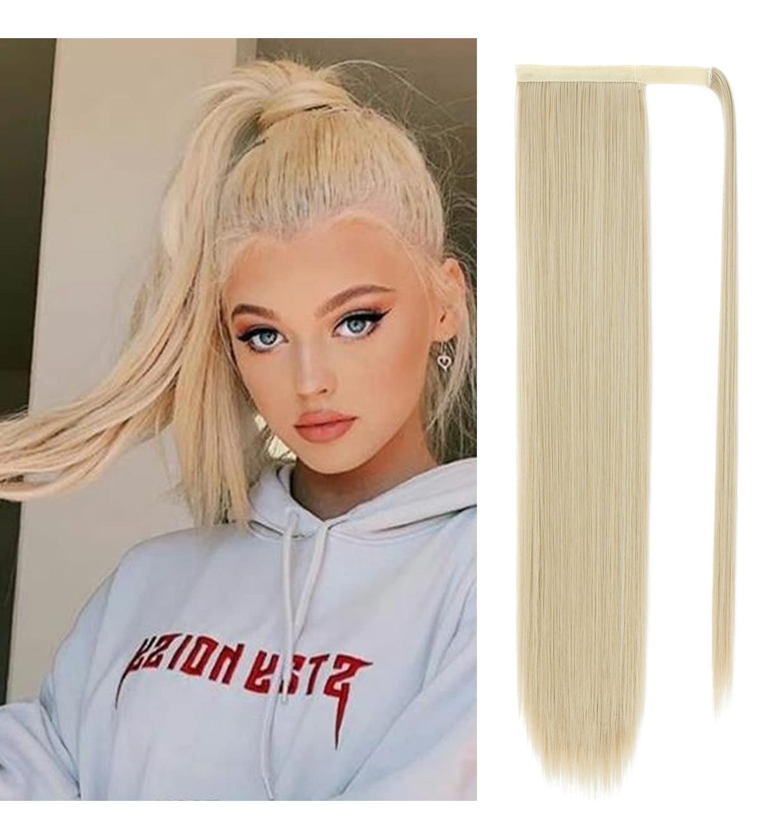 Silk-co 28 Inch Straight Clip in Ponytail Hair Extension - Blond&Bleach Blond | Heat-Resistant Fiber Hairpiece for Women - Buy Online on GoSupps.com