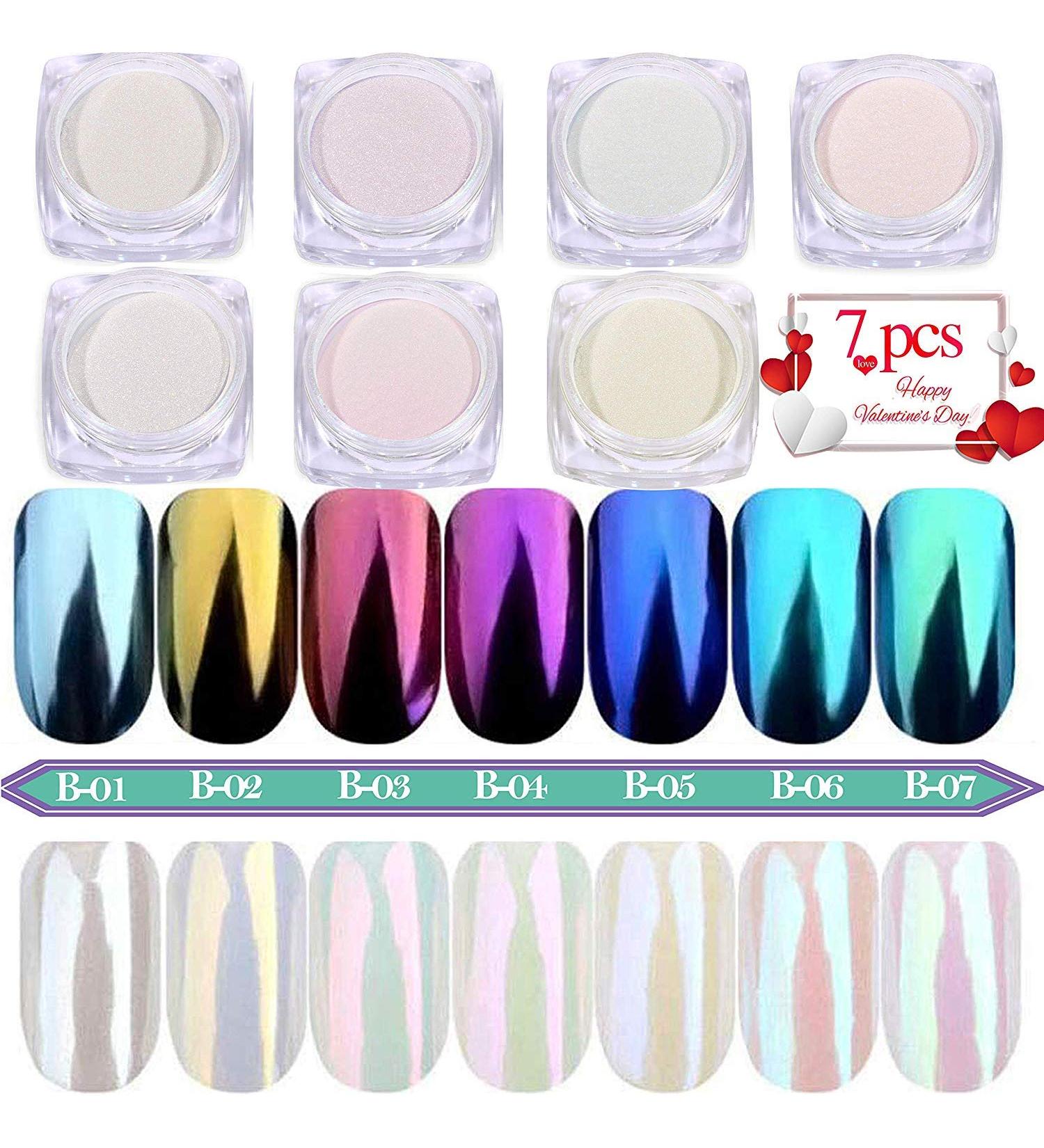 PrettyDiva Chrome Nail Powder Set - 7 Colors Pearl Aurora Metallic Nail Pigment Kit for Mirror Effect Manicure - Buy Online on GoSupps.com