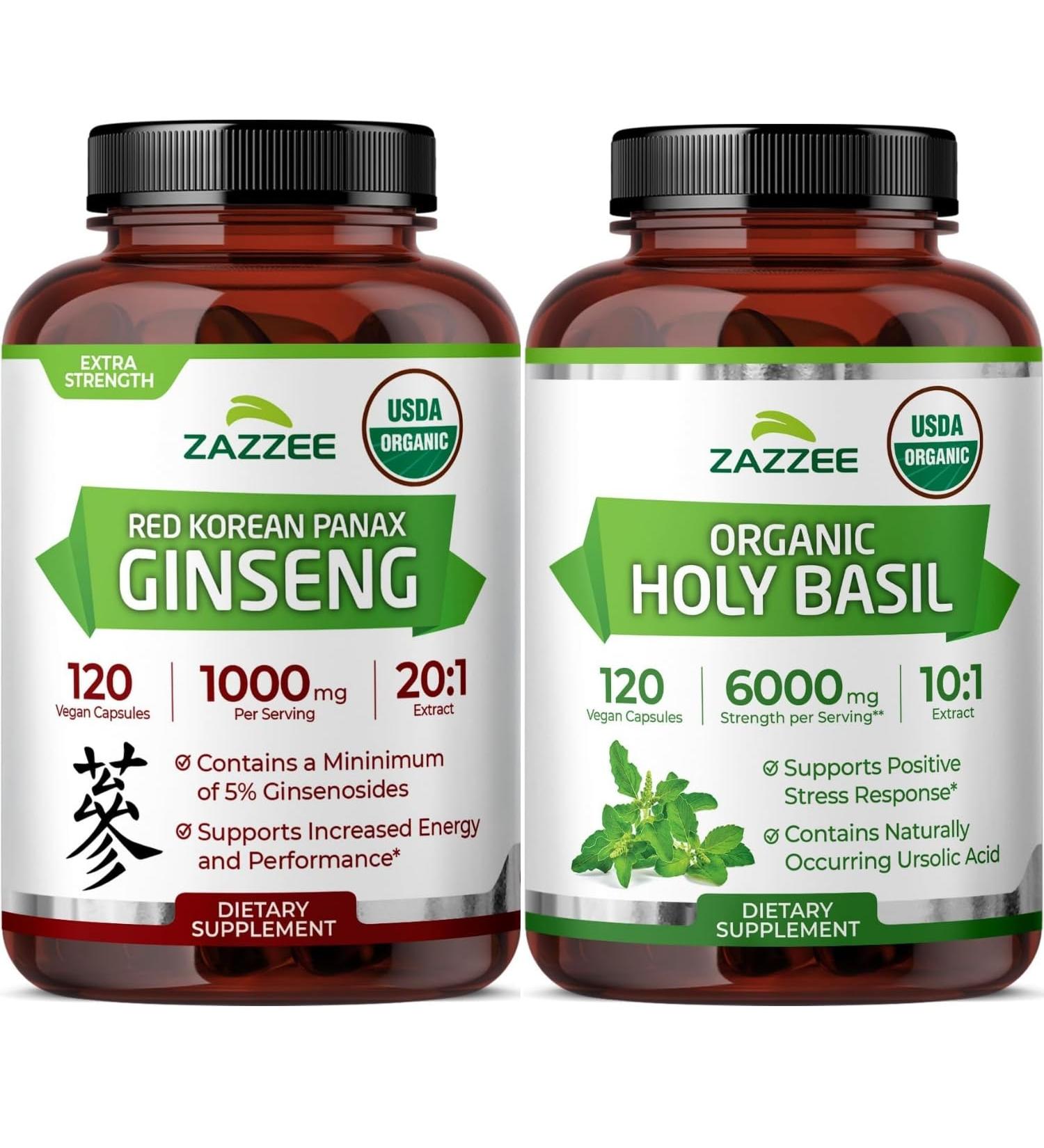 Zazzee Organic Holy Basil and Korean Panax Ginseng Extract Capsules | 10:1 Tulsi Holy Basil Extract Plus 20:1 Ginseng Supplement | Adaptogen Support Bundle - Buy Online on GoSupps.com