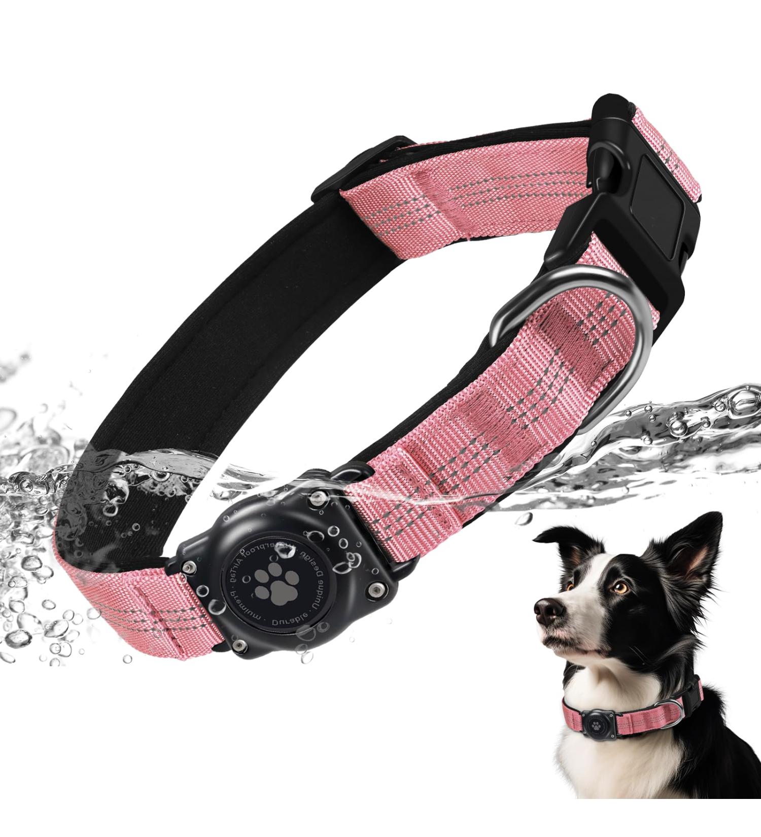 IP68 Waterproof Airtag Dog Collar - Durable Reflective Apple Airtag Holder for Medium Dogs - Pink - Buy Online on GoSupps.com