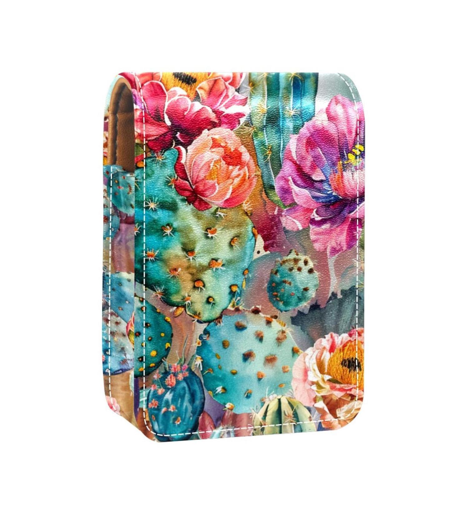 Travel Lipstick Organizer Case | Portable Makeup Bag with Mirror | Watercolor Cactus Blossom - Shop Now - Buy Online on GoSupps.com