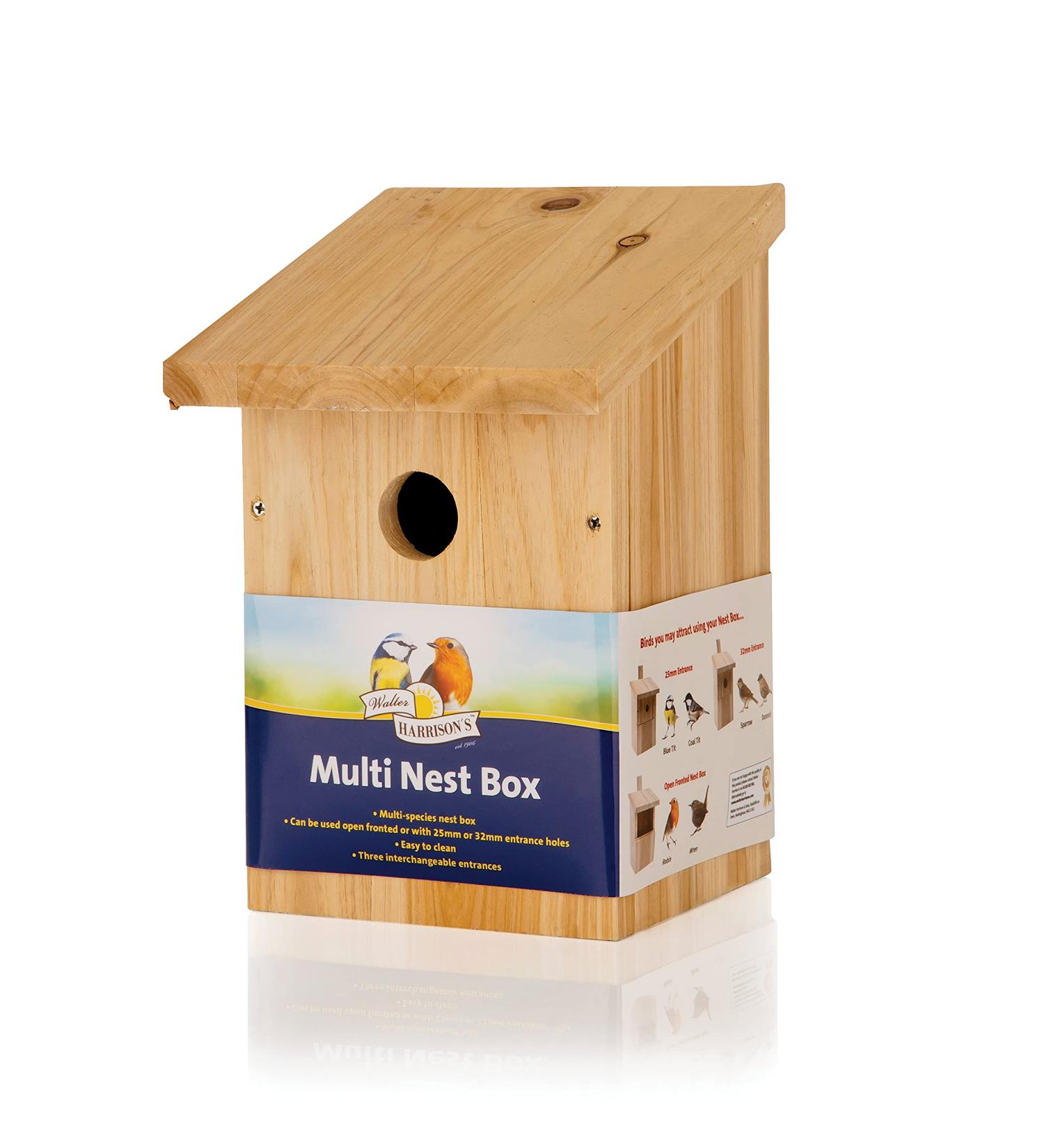 Walter Harrison's Wooden Bird House Nest Box - Multi Entrance with 25mm/32mm Hole - Open Fronted - Buy Online on GoSupps.com