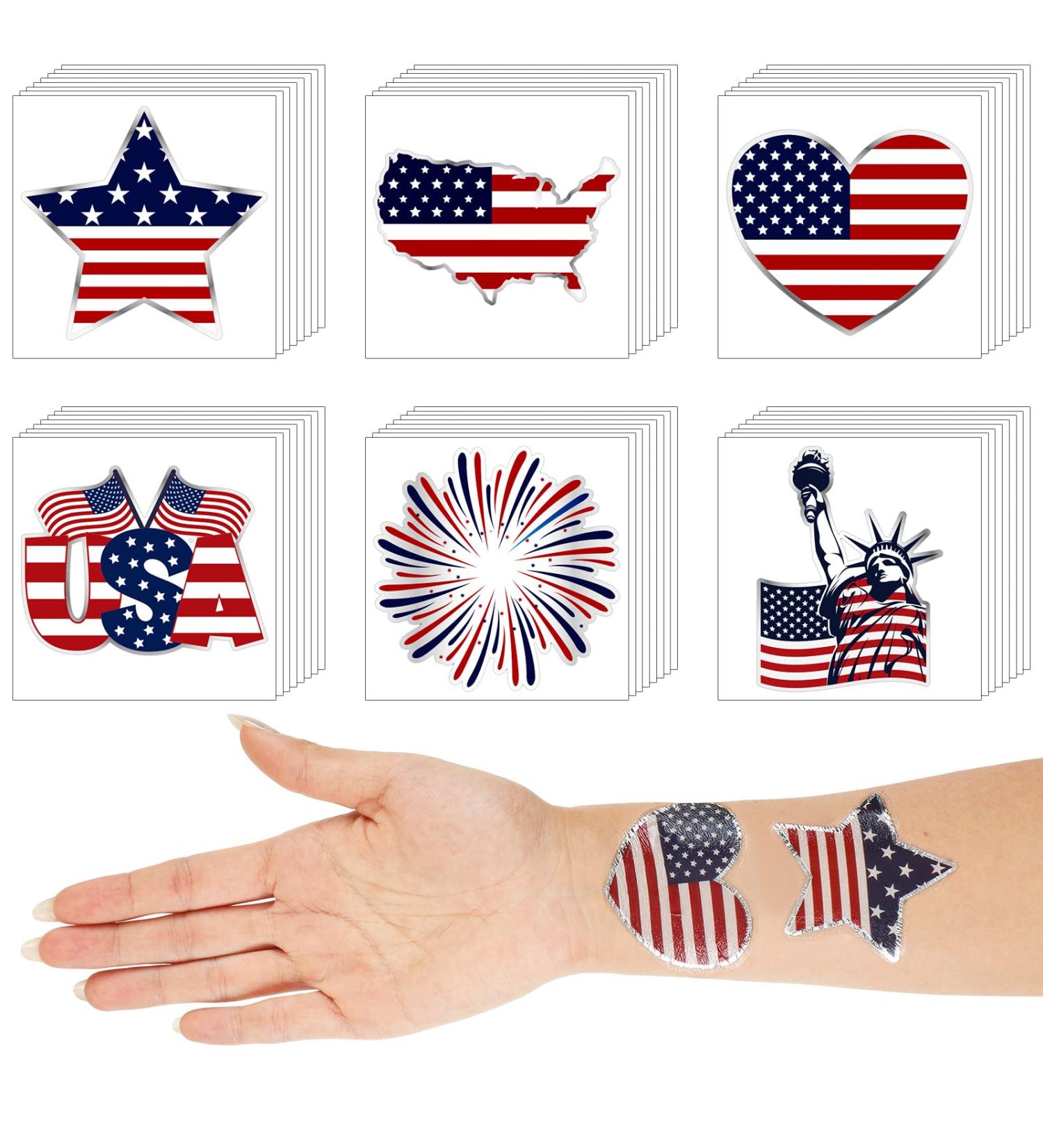 Patriotic Temporary Tattoos - 120 Metallic 4th of July Stickers for Men & Women - American Flag Red White Blue Decor - USA Independence Day Party Favors - Buy Online on GoSupps.com