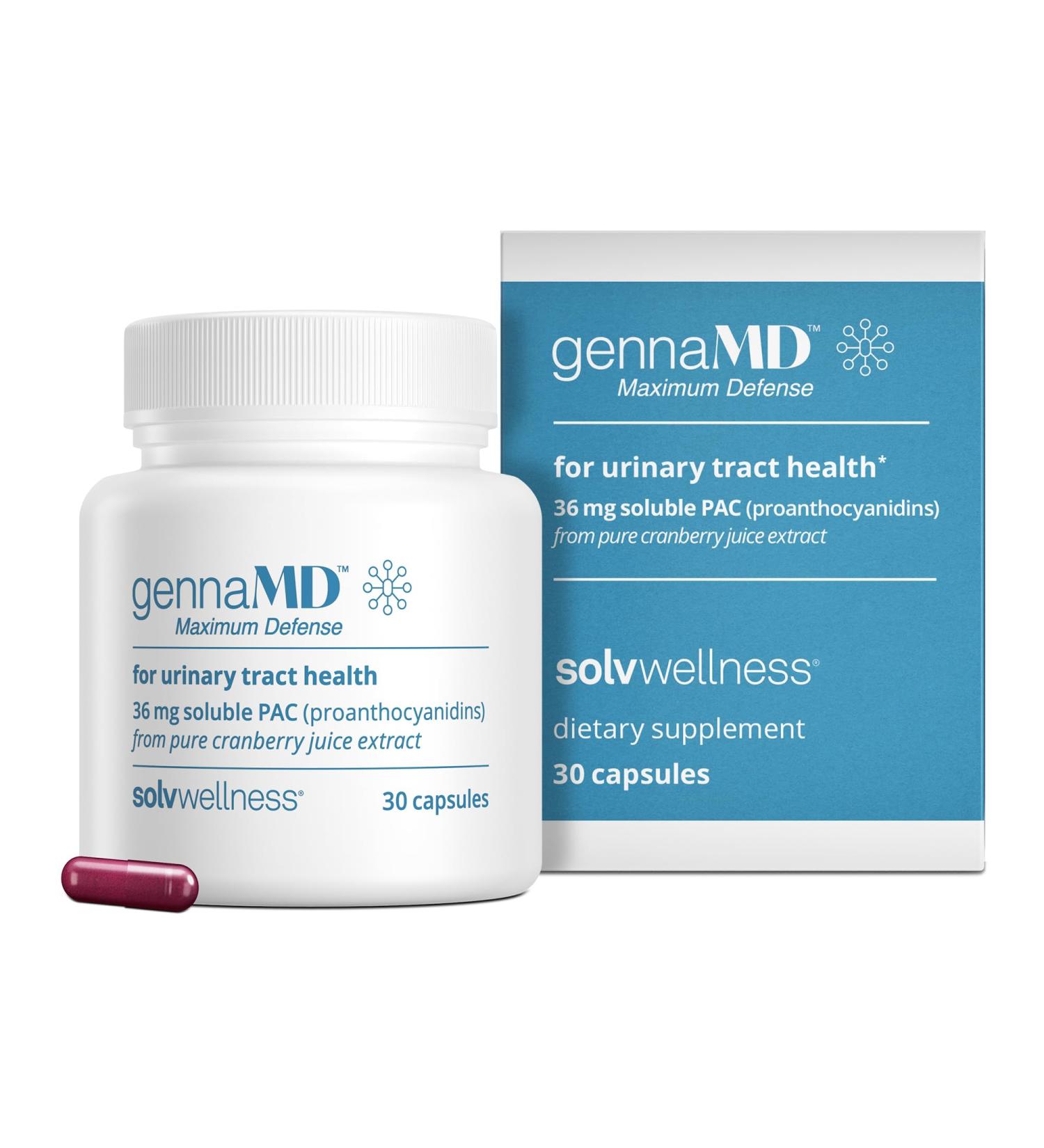 Solv Wellness GennaMD - Maximum UTI Defense - 36 mg Soluble PAC from 100% Cranberry Juice Extract - Highest PAC Concentration in a Small Easy-to-Swallow Capsule - 30 Capsules 30 Count (Pack of 1) - Buy Online on GoSupps.com