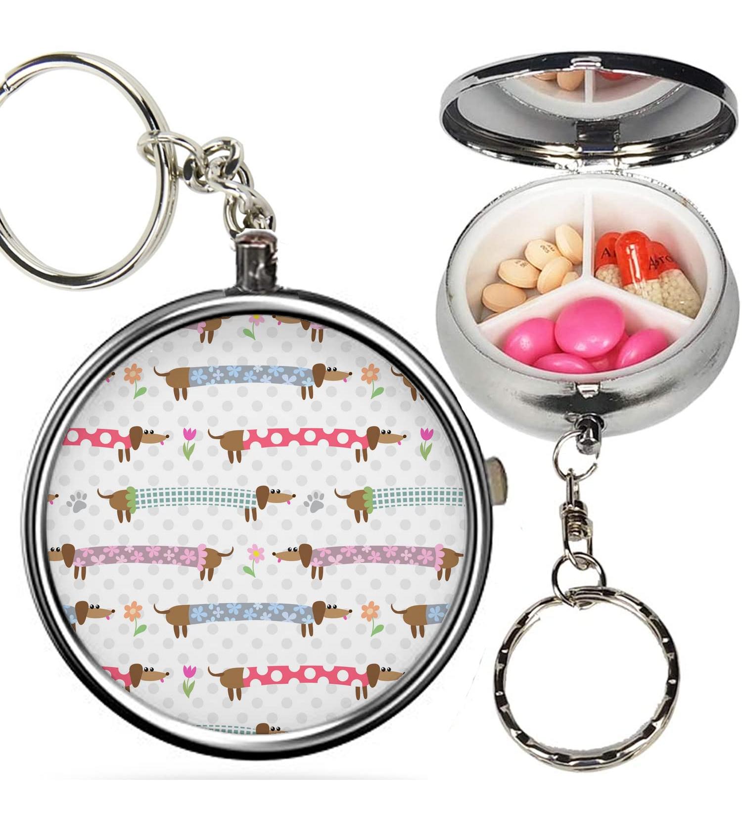 Pack of 2 - Portable Pill Organizer ( Cute Dachshunds Striped ) Metal Medicine Box 3 Compartment Stash Vitamin Meds Case with Keychain
