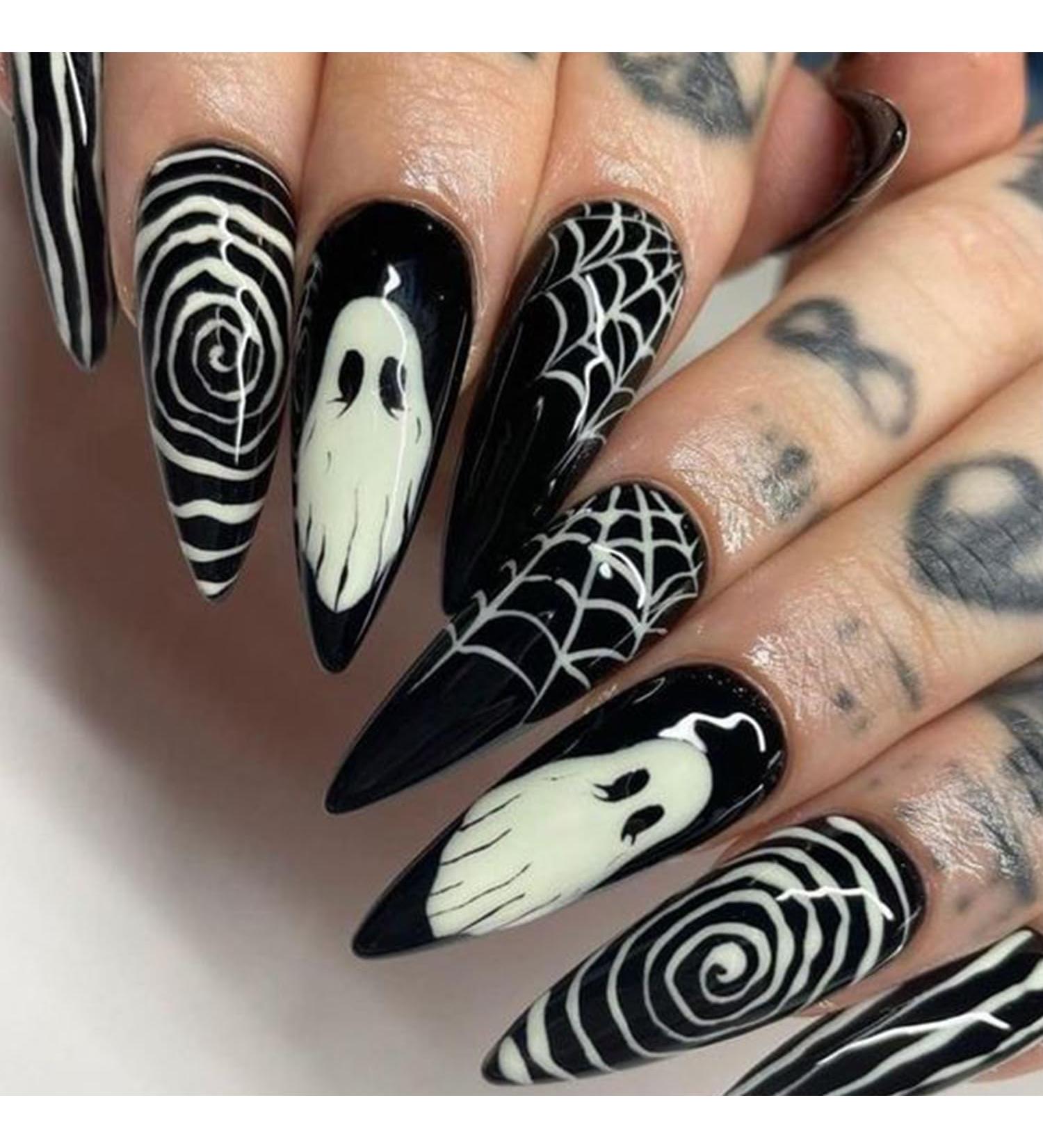 Spooky Halloween Press On Nails Long Pointed Fake Nails with Black & White Stripe Spider Web Design | 24pcs Glossy Reusable Nail Art for Women - Buy Online on GoSupps.com
